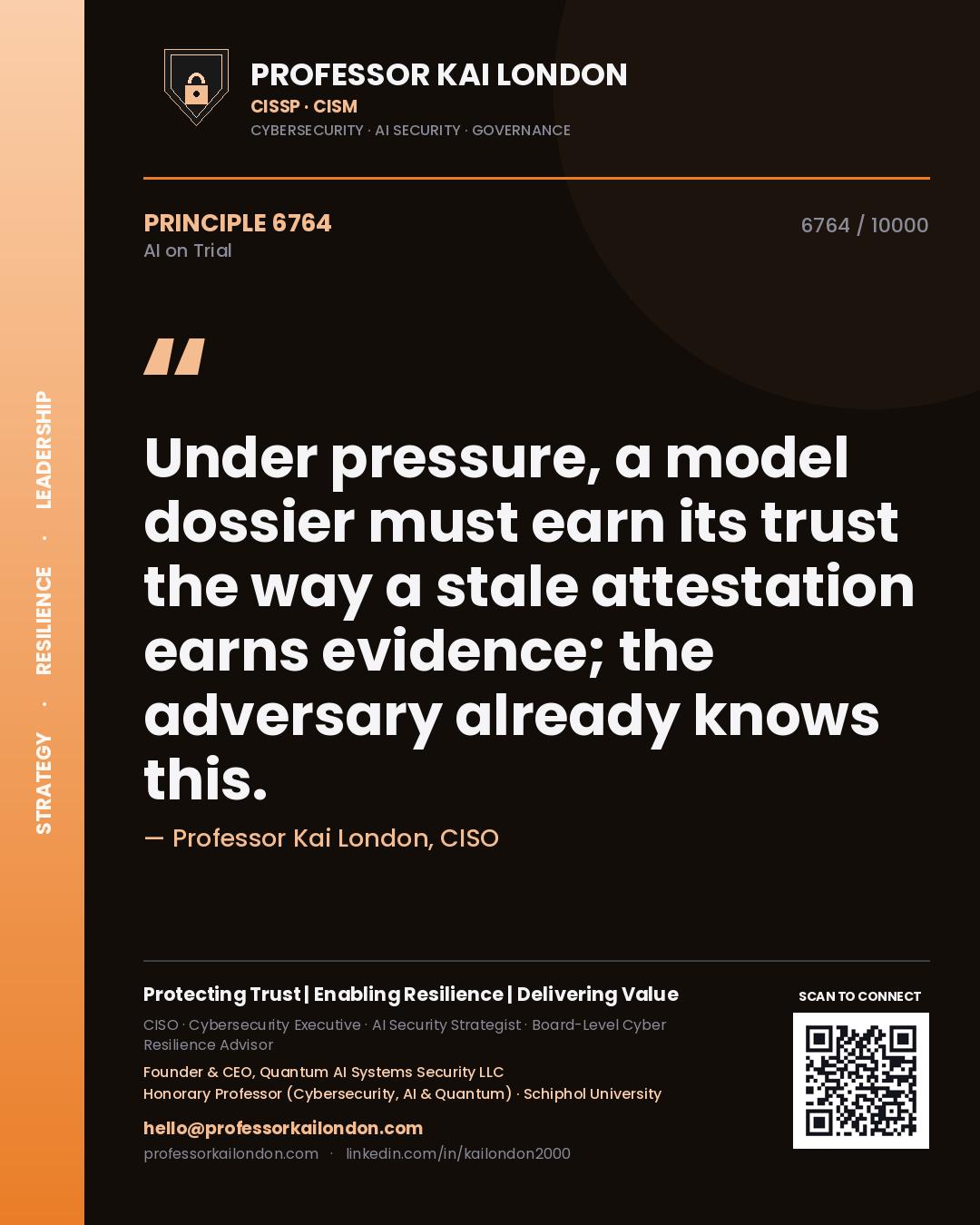 Quote card by Professor Kai London reading 'Under pressure, a model dossier must earn its trust the way a stale attestation earns evidence; the adversary already knows this.'. From the book AI on Trial.