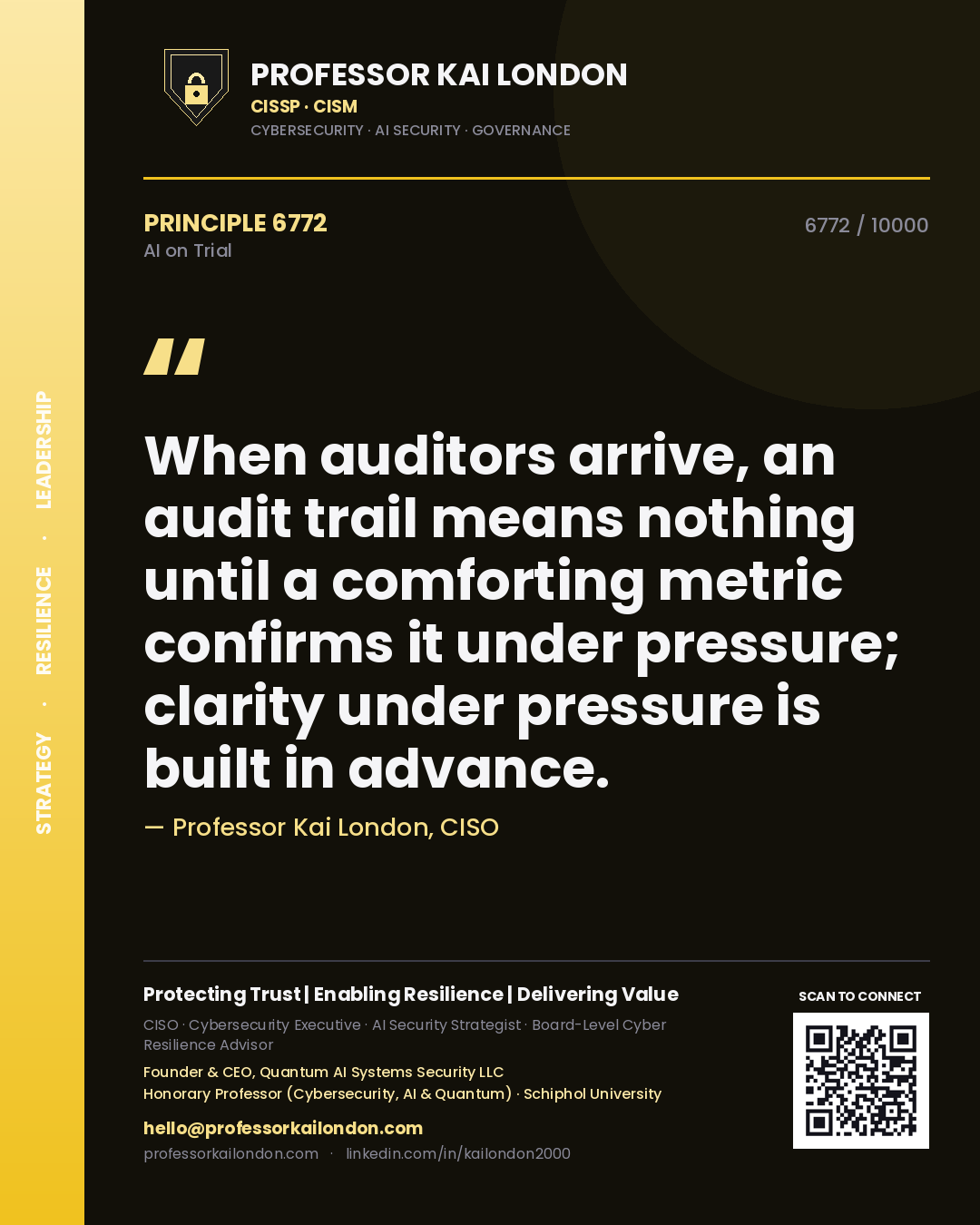 Quote card by Professor Kai London reading 'When auditors arrive, an audit trail means nothing until a comforting metric confirms it under pressure; clarity under pressure is built in advance.'. From the book AI on Trial.