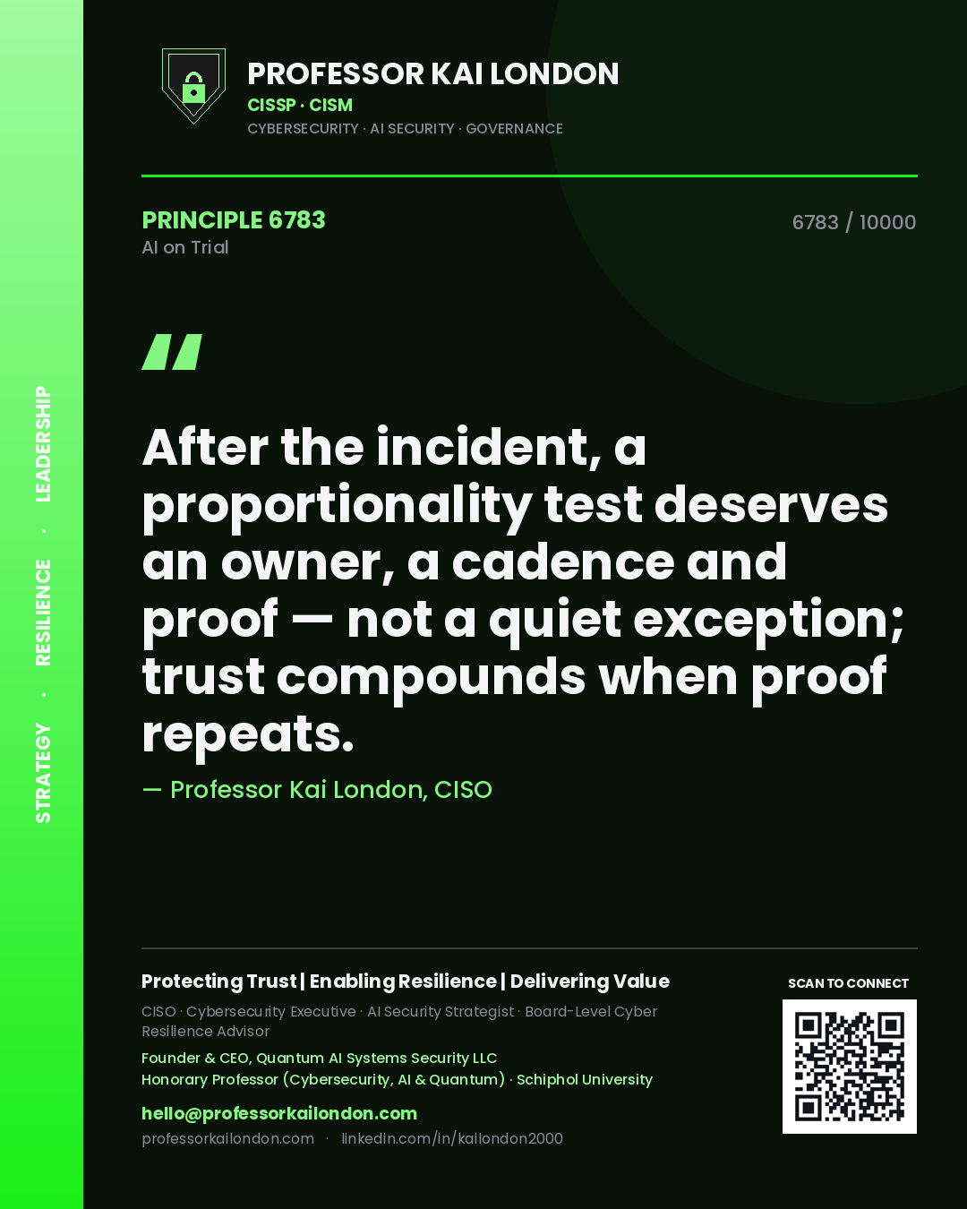 Quote card by Professor Kai London reading 'After the incident, a proportionality test deserves an owner, a cadence and proof — not a quiet exception; trust compounds when proof repeats.'. From the book AI on Trial.