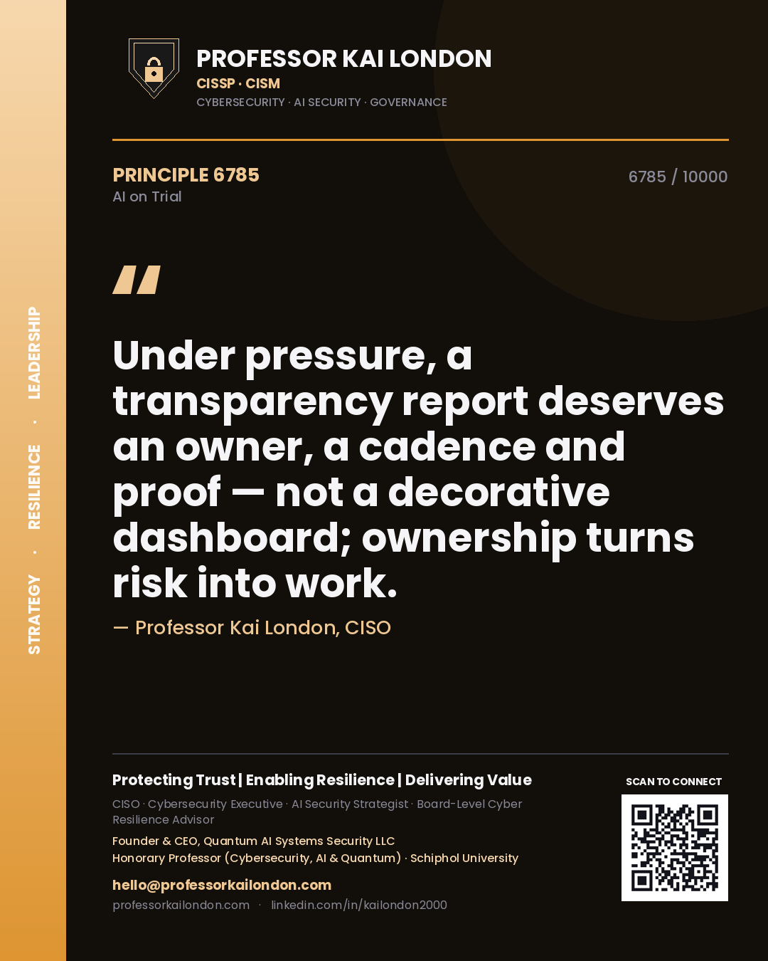 Professor Kai London principle 6785: Under pressure, a transparency report deserves an owner, a cadence and proof — not a decorative dashboard; ownership turns risk into work.