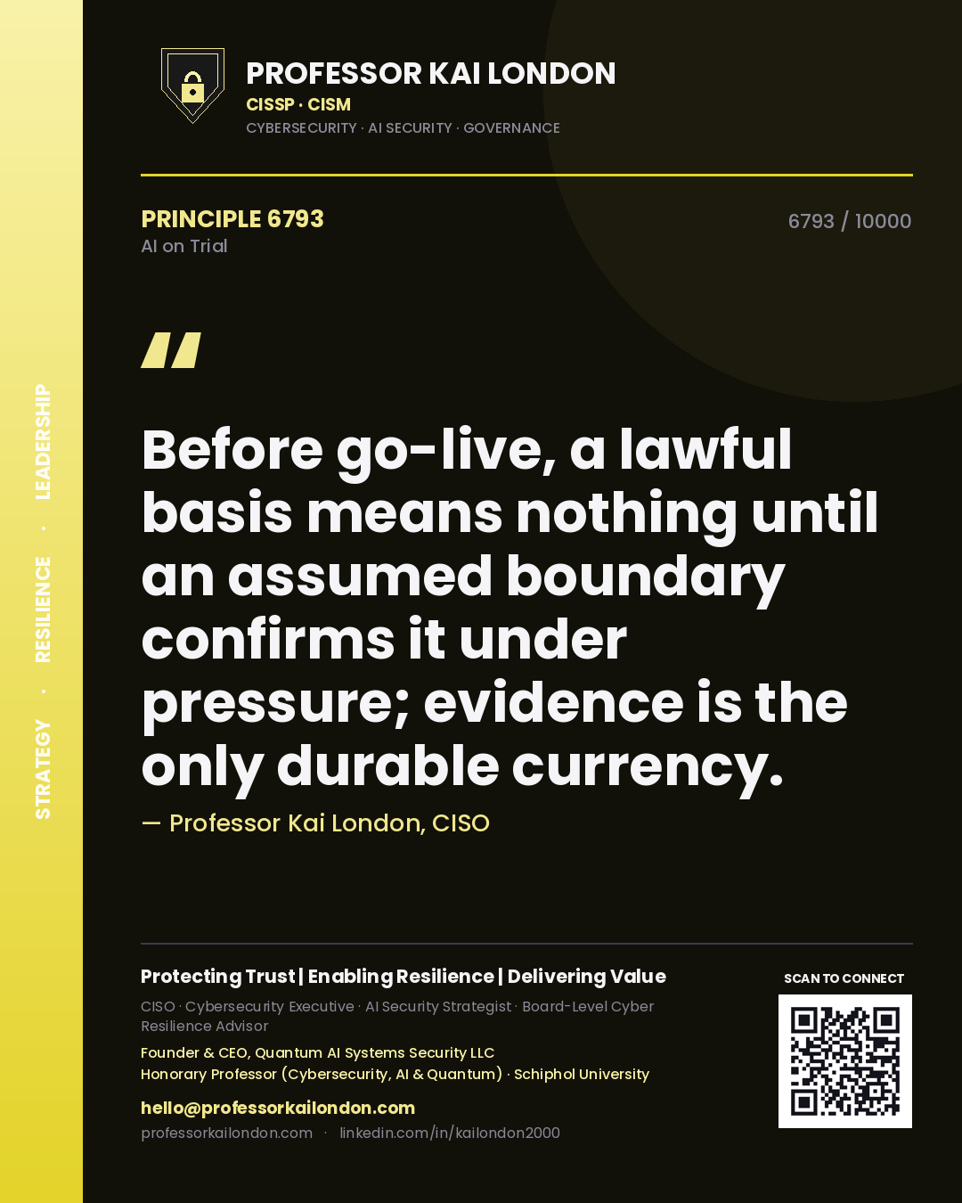Quote card by Professor Kai London reading 'Before go-live, a lawful basis means nothing until an assumed boundary confirms it under pressure; evidence is the only durable currency.'. From the book AI on Trial.