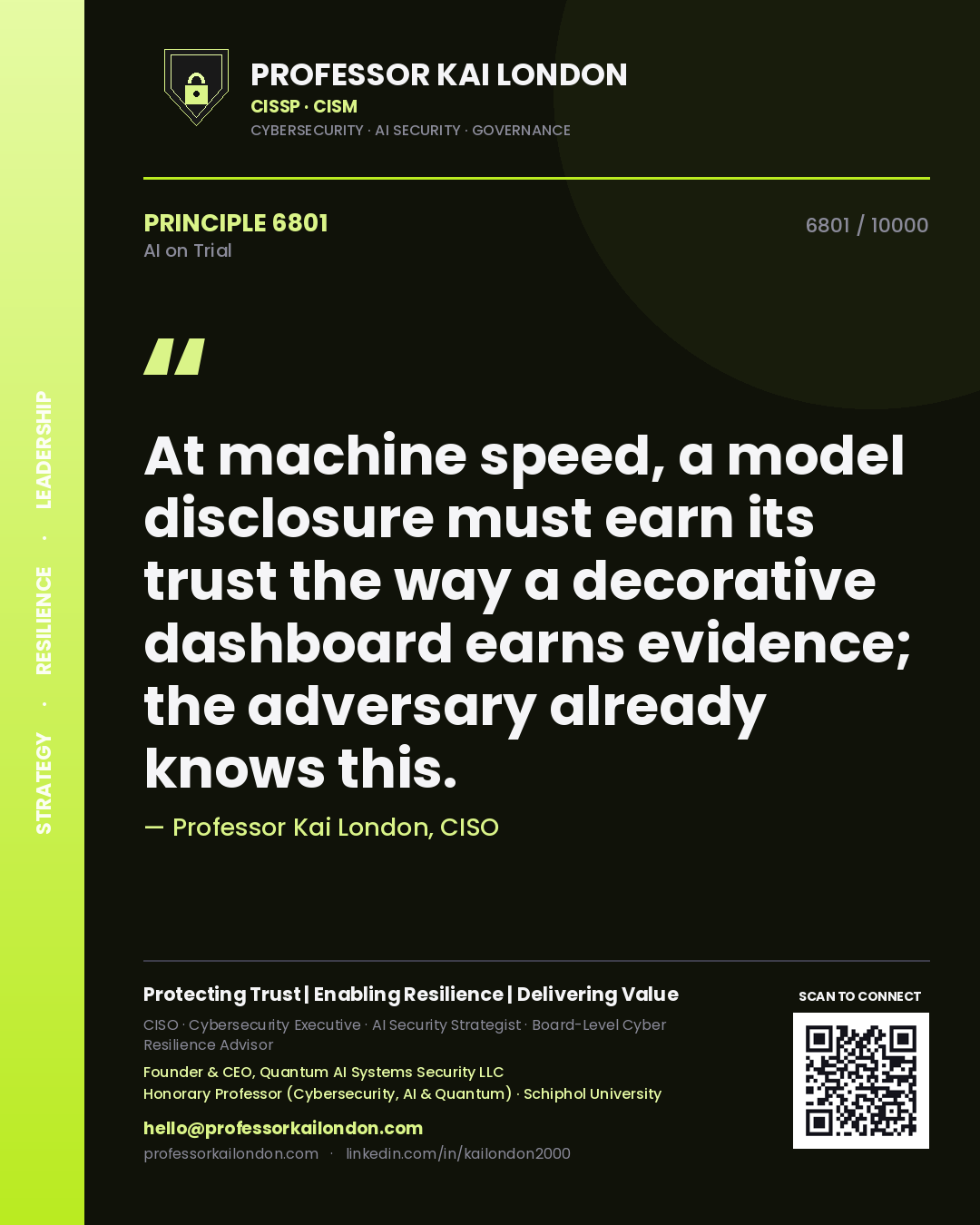 Professor Kai London principle 6801: At machine speed, a model disclosure must earn its trust the way a decorative dashboard earns evidence; the adversary already knows this.