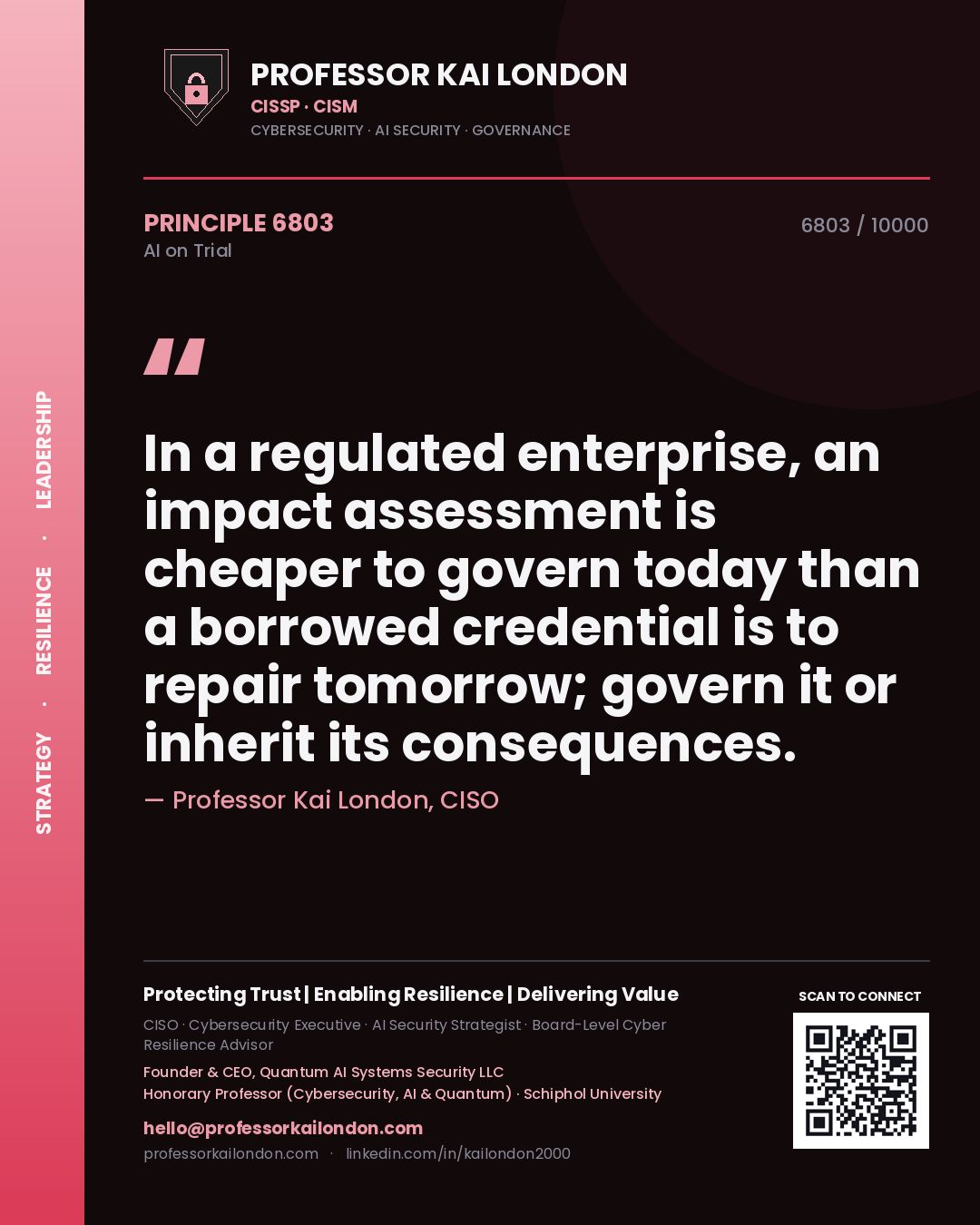 Professor Kai London principle 6803: In a regulated enterprise, an impact assessment is cheaper to govern today than a borrowed credential is to repair tomorrow; govern it or inherit its consequences.