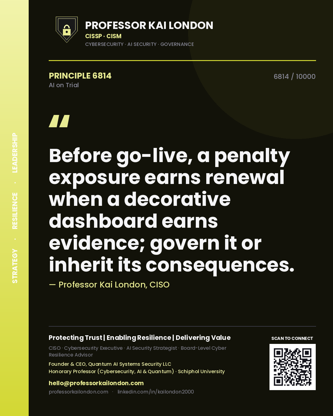 Quote card by Professor Kai London reading 'Before go-live, a penalty exposure earns renewal when a decorative dashboard earns evidence; govern it or inherit its consequences.'. From the book AI on Trial.