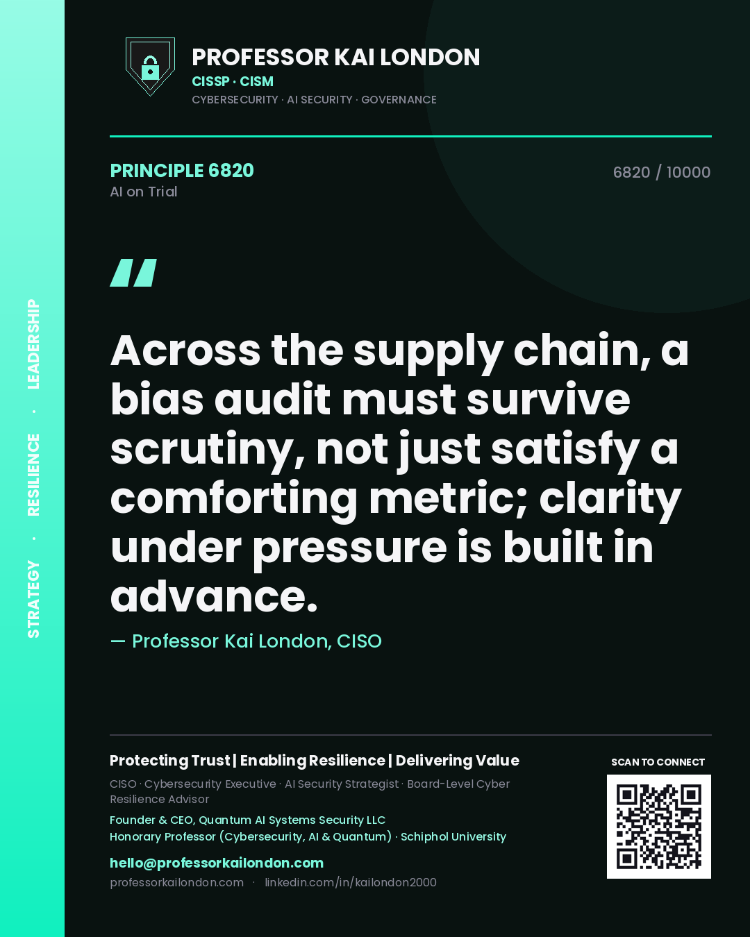 Professor Kai London principle 6820: Across the supply chain, a bias audit must survive scrutiny, not just satisfy a comforting metric; clarity under pressure is built in advance.