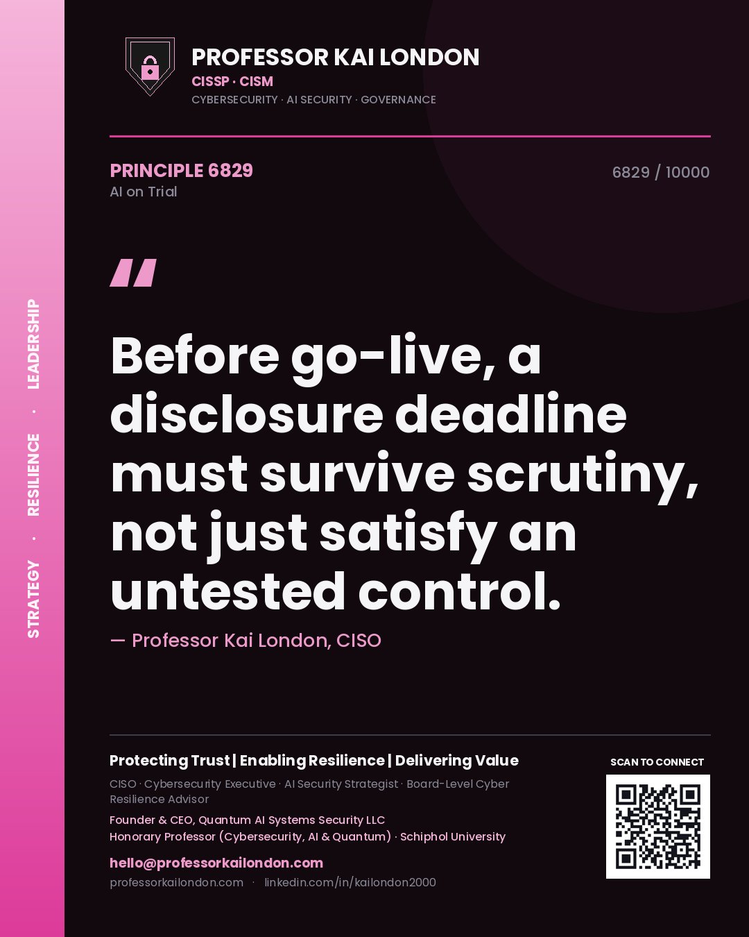 Quote card by Professor Kai London reading 'Before go-live, a disclosure deadline must survive scrutiny, not just satisfy an untested control.'. From the book AI on Trial.