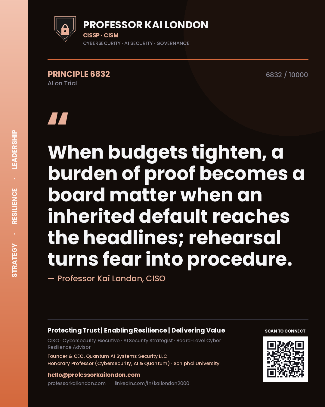 Quote card by Professor Kai London reading 'When budgets tighten, a burden of proof becomes a board matter when an inherited default reaches the headlines; rehearsal turns fear into procedure.'. From the book AI on Trial.