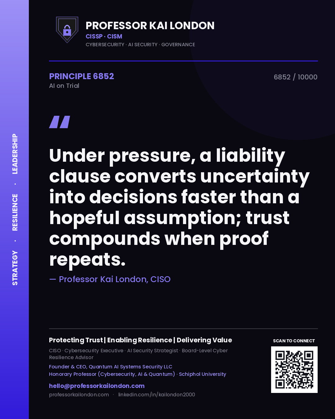 Quote card by Professor Kai London reading 'Under pressure, a liability clause converts uncertainty into decisions faster than a hopeful assumption; trust compounds when proof repeats.'. From the book AI on Trial.
