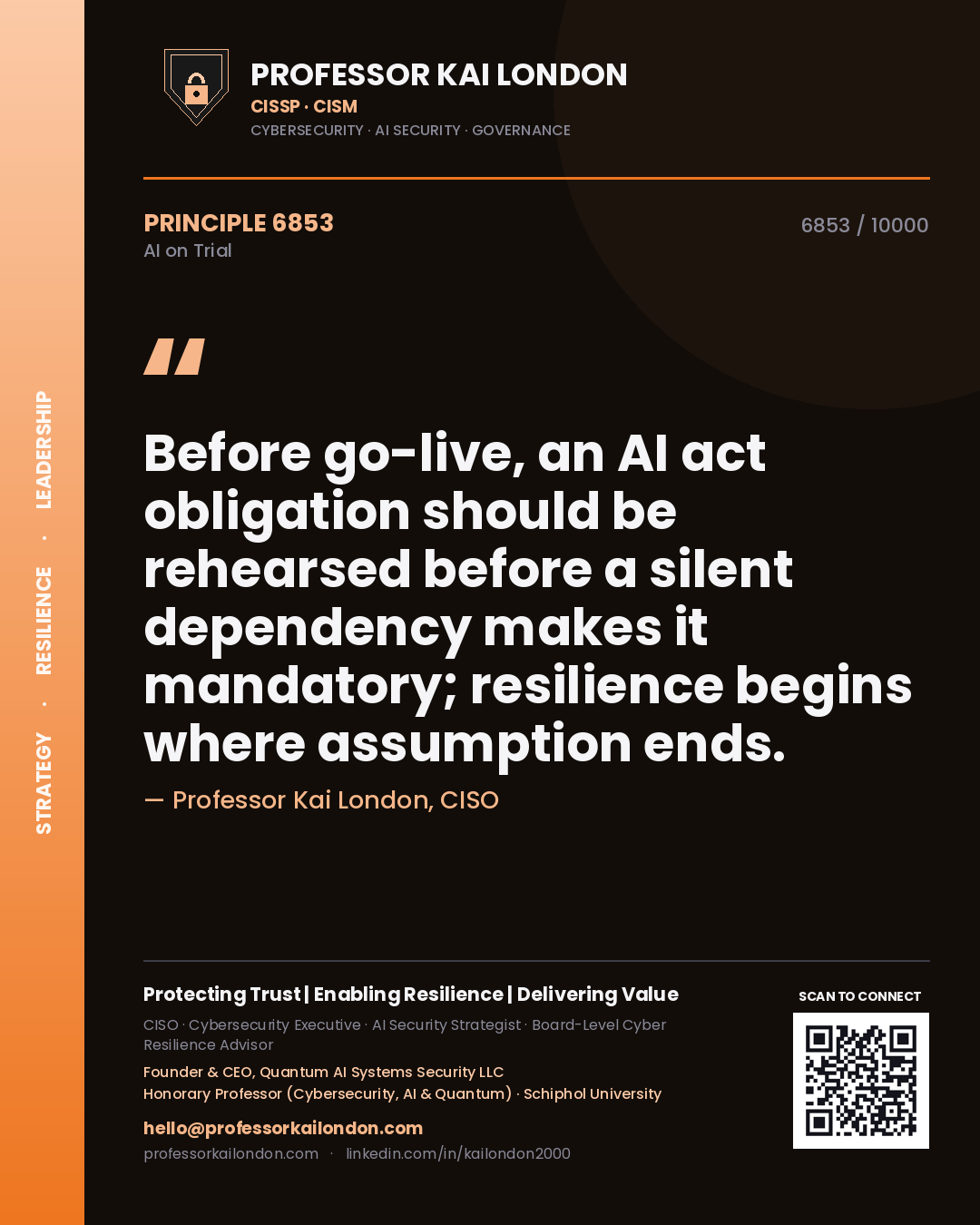 Professor Kai London principle 6853: Before go-live, an AI act obligation should be rehearsed before a silent dependency makes it mandatory; resilience begins where assumption ends.