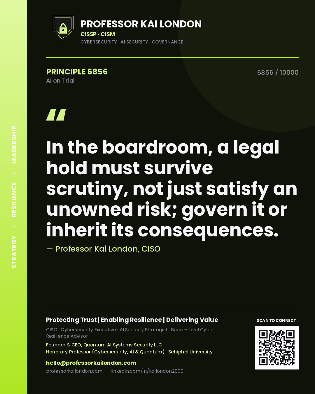 Professor Kai London principle 6856: In the boardroom, a legal hold must survive scrutiny, not just satisfy an unowned risk; govern it or inherit its consequences.
