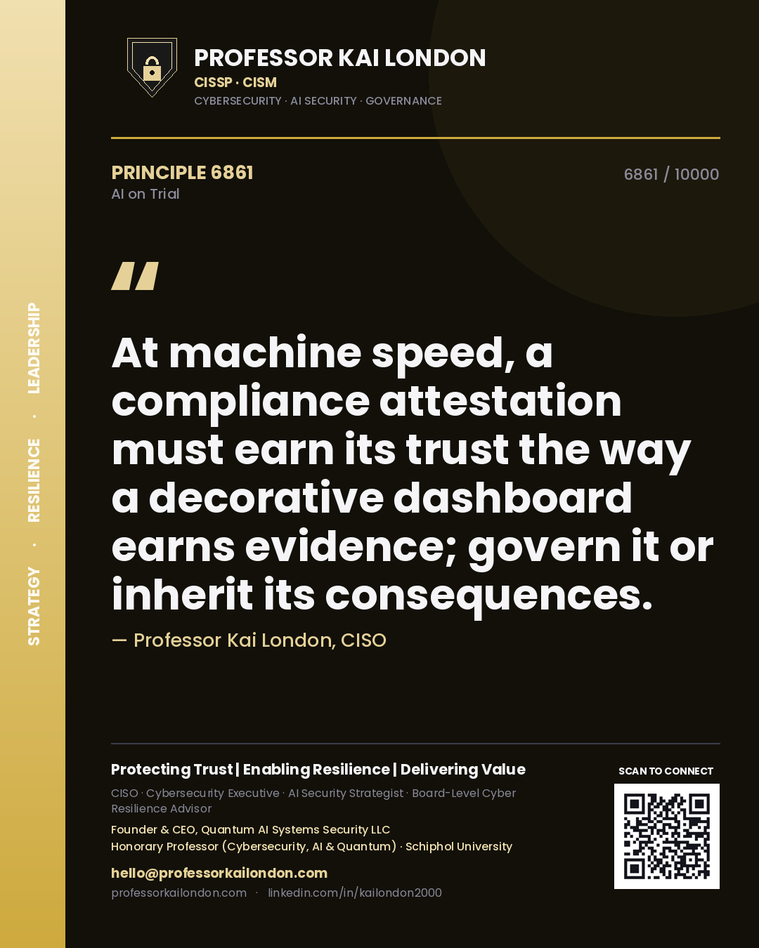 Quote card by Professor Kai London reading 'At machine speed, a compliance attestation must earn its trust the way a decorative dashboard earns evidence; govern it or inherit its consequences.'. From the book AI on Trial.