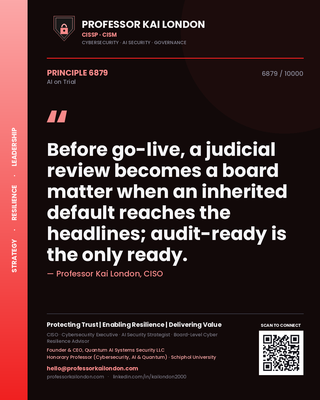 Professor Kai London principle 6879: Before go-live, a judicial review becomes a board matter when an inherited default reaches the headlines; audit-ready is the only ready.