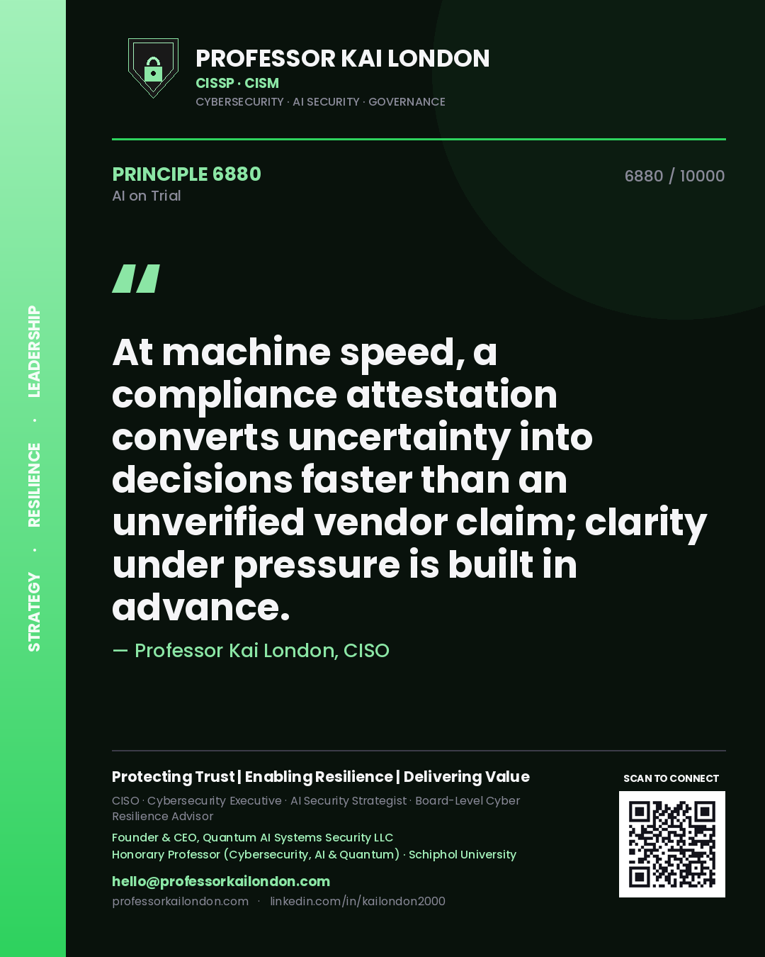 Professor Kai London principle 6880: At machine speed, a compliance attestation converts uncertainty into decisions faster than an unverified vendor claim; clarity under pressure is built in advance.
