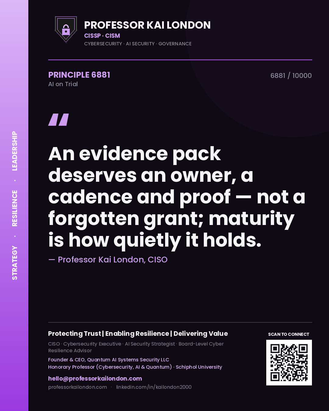 Professor Kai London principle 6881: An evidence pack deserves an owner, a cadence and proof — not a forgotten grant; maturity is how quietly it holds.
