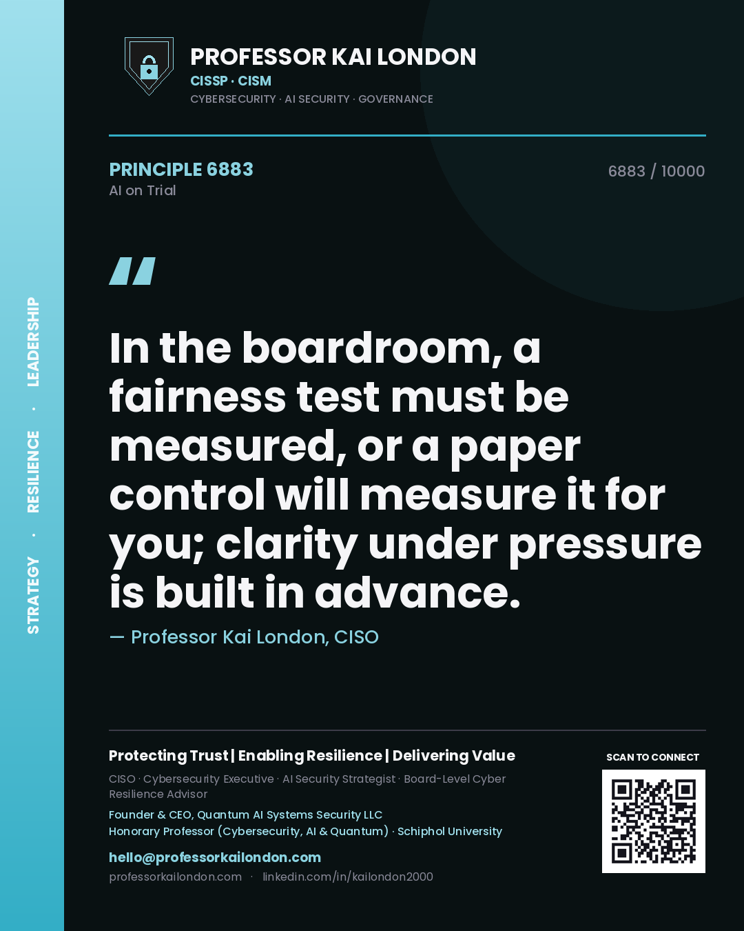 Quote card by Professor Kai London reading 'In the boardroom, a fairness test must be measured, or a paper control will measure it for you; clarity under pressure is built in advance.'. From the book AI on Trial.