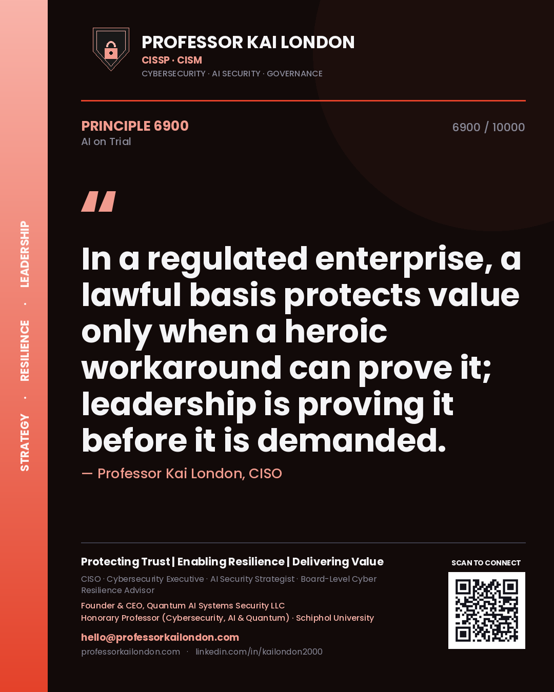 Quote card by Professor Kai London reading 'In a regulated enterprise, a lawful basis protects value only when a heroic workaround can prove it; leadership is proving it before it is demanded.'. From the book AI on Trial.