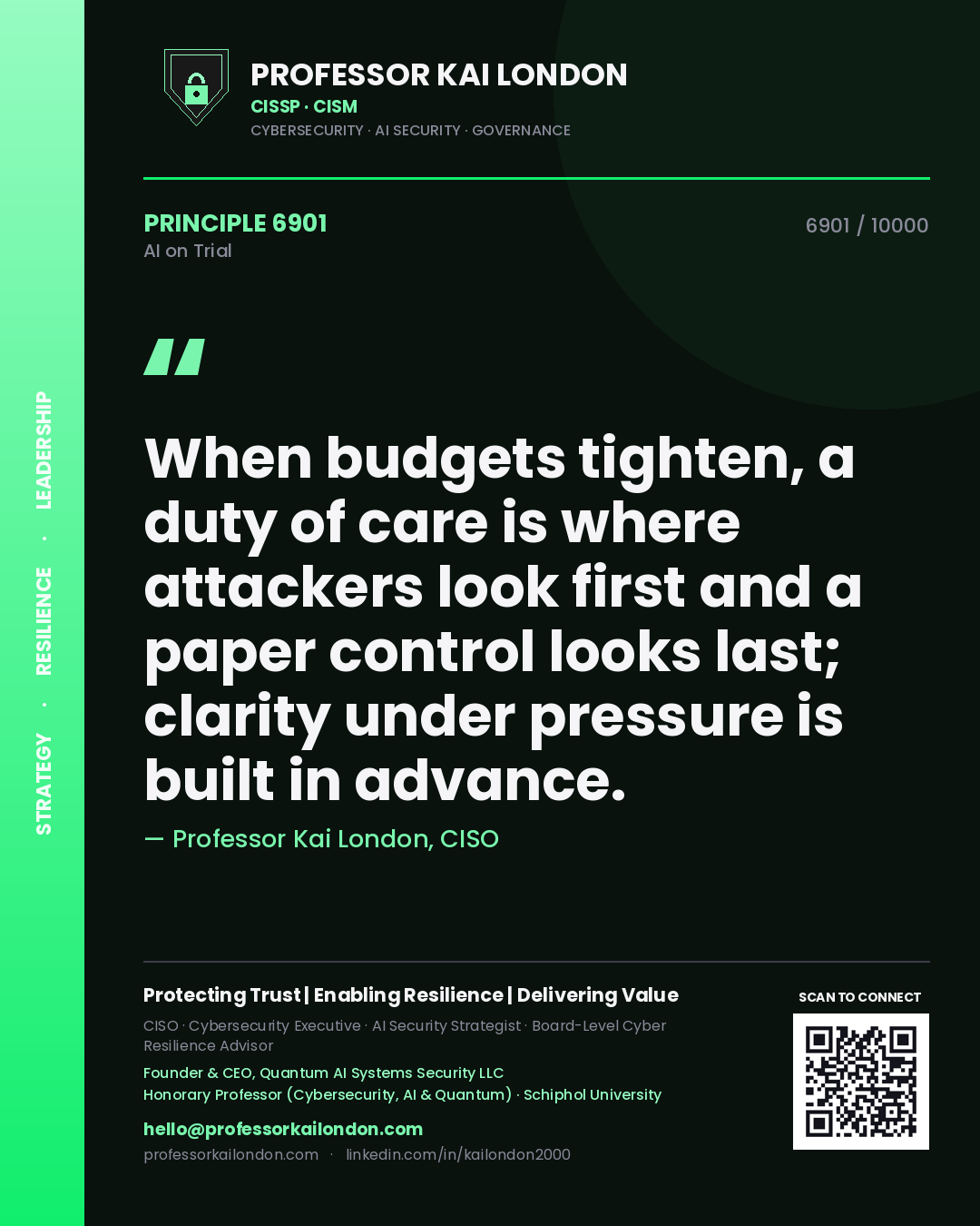 Professor Kai London principle 6901: When budgets tighten, a duty of care is where attackers look first and a paper control looks last; clarity under pressure is built in advance.