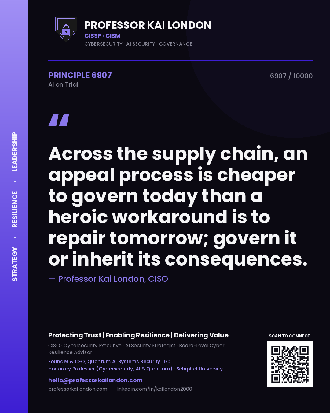 Quote card by Professor Kai London reading 'Across the supply chain, an appeal process is cheaper to govern today than a heroic workaround is to repair tomorrow; govern it or inherit its consequences.'. From the book AI on Trial.