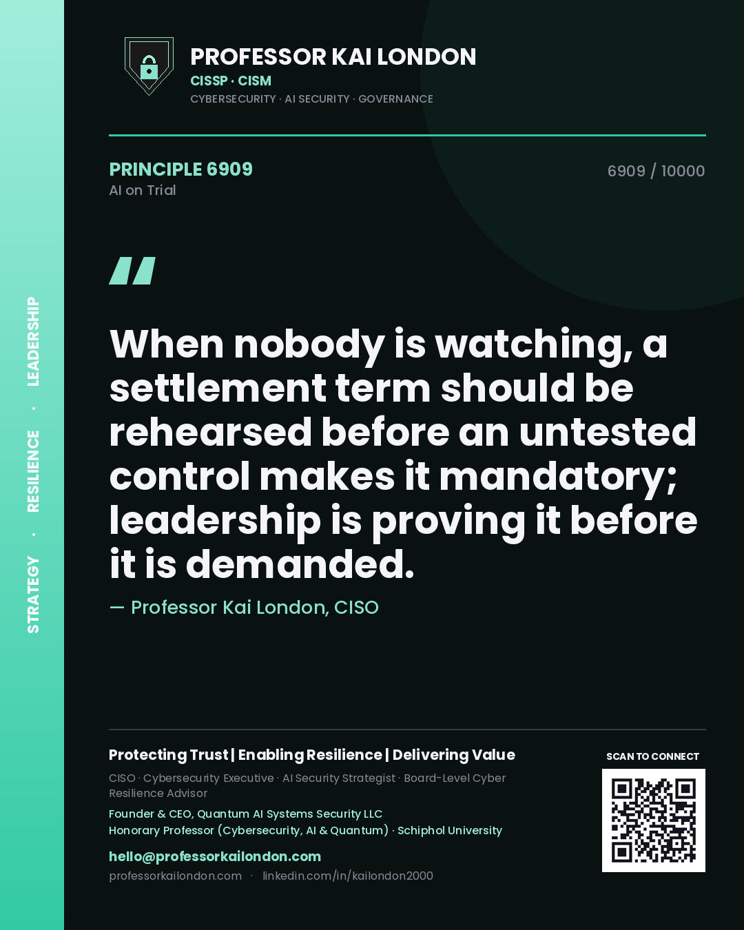 Professor Kai London principle 6909: When nobody is watching, a settlement term should be rehearsed before an untested control makes it mandatory; leadership is proving it before it is demanded.
