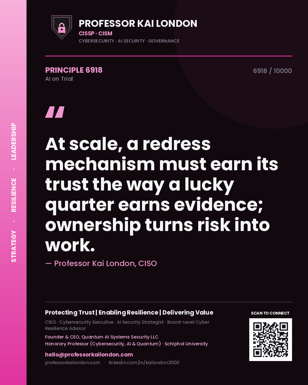 Professor Kai London principle 6918: At scale, a redress mechanism must earn its trust the way a lucky quarter earns evidence; ownership turns risk into work.