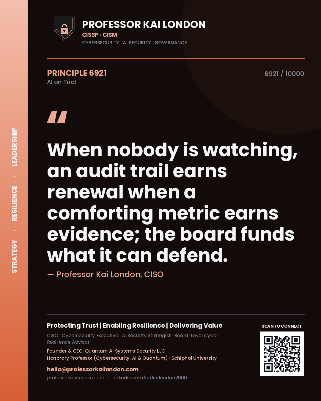 Quote card by Professor Kai London reading 'When nobody is watching, an audit trail earns renewal when a comforting metric earns evidence; the board funds what it can defend.'. From the book AI on Trial.