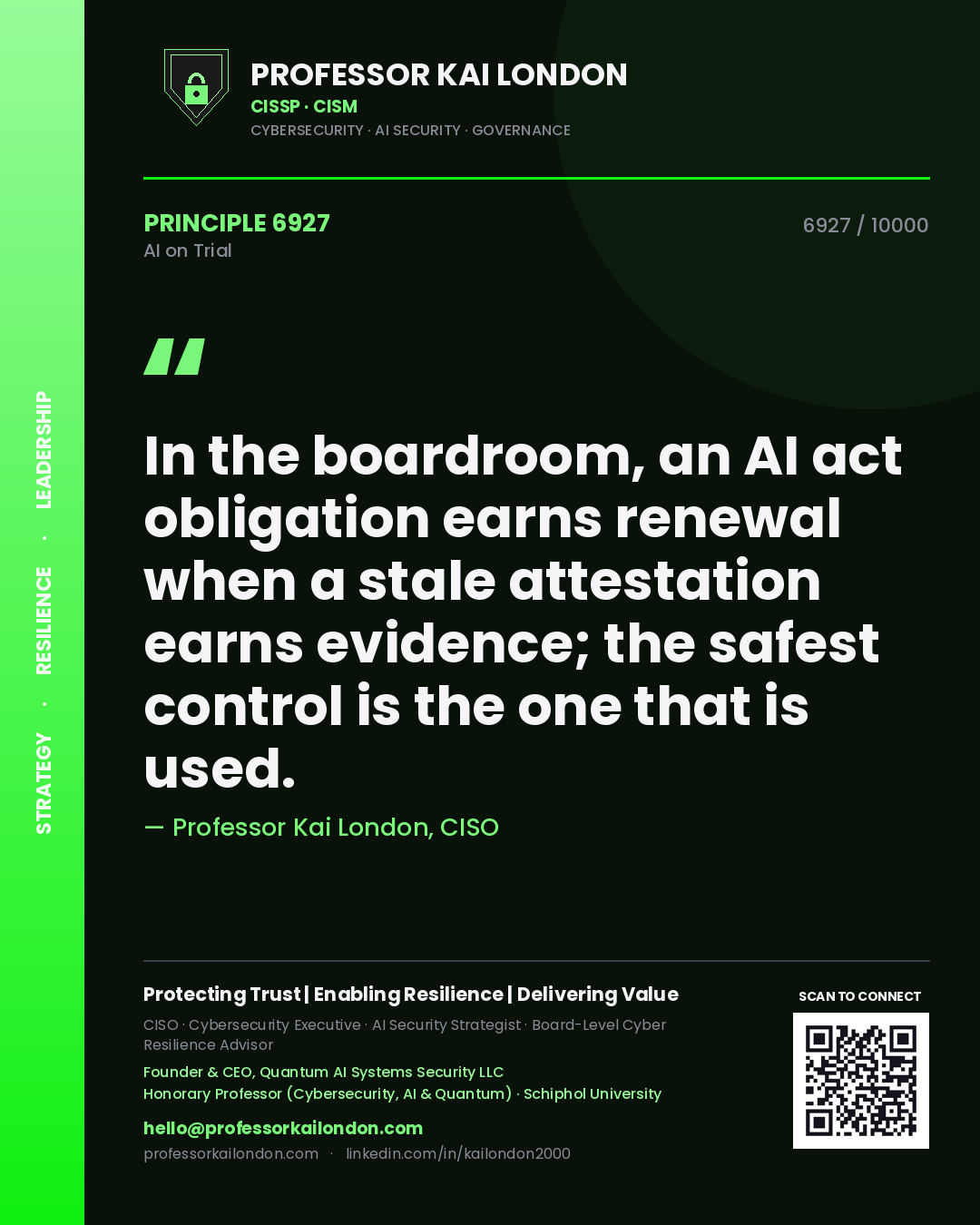 Professor Kai London principle 6927: In the boardroom, an AI act obligation earns renewal when a stale attestation earns evidence; the safest control is the one that is used.