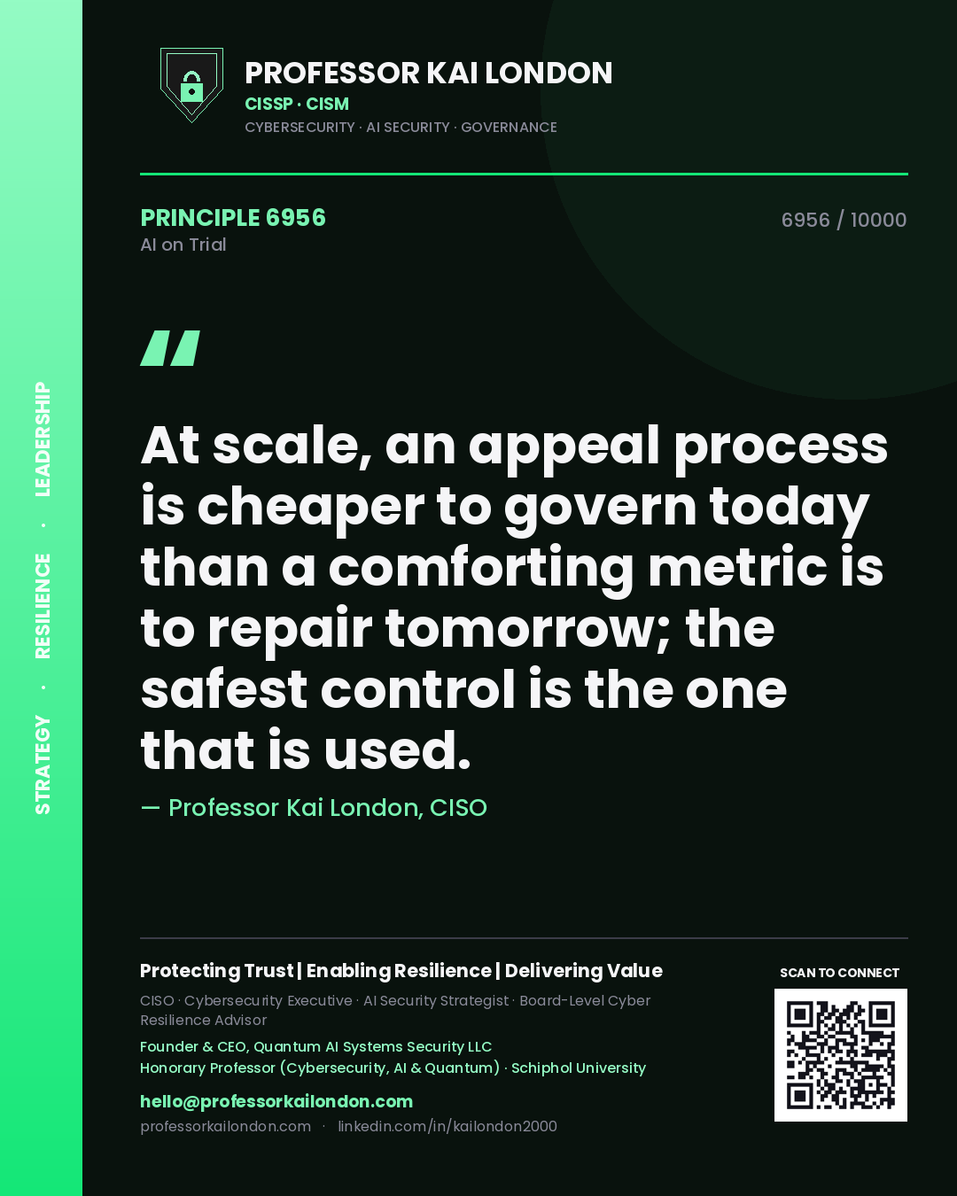 Quote card by Professor Kai London reading 'At scale, an appeal process is cheaper to govern today than a comforting metric is to repair tomorrow; the safest control is the one that is used.'. From the book AI on Trial.