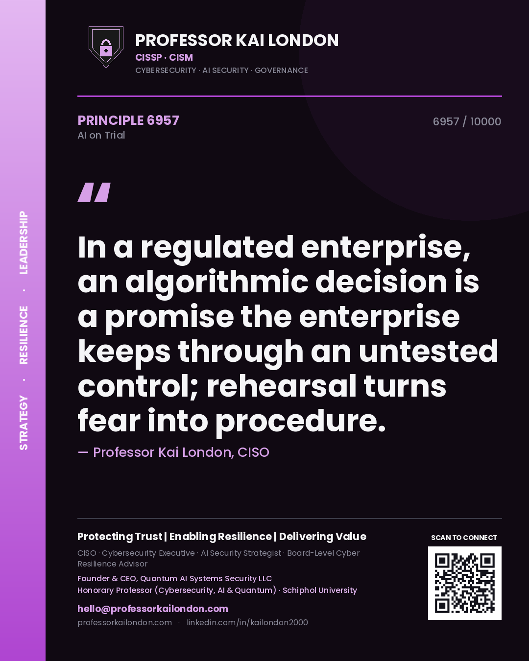 Professor Kai London principle 6957: In a regulated enterprise, an algorithmic decision is a promise the enterprise keeps through an untested control; rehearsal turns fear into procedure.