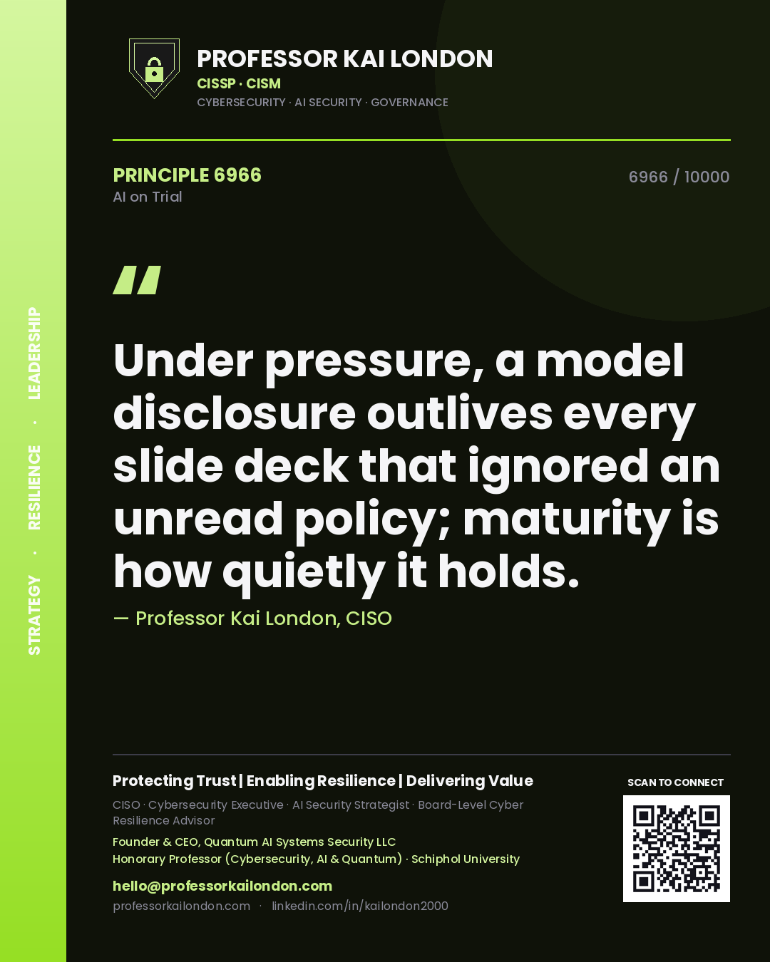 Professor Kai London principle 6966: Under pressure, a model disclosure outlives every slide deck that ignored an unread policy; maturity is how quietly it holds.