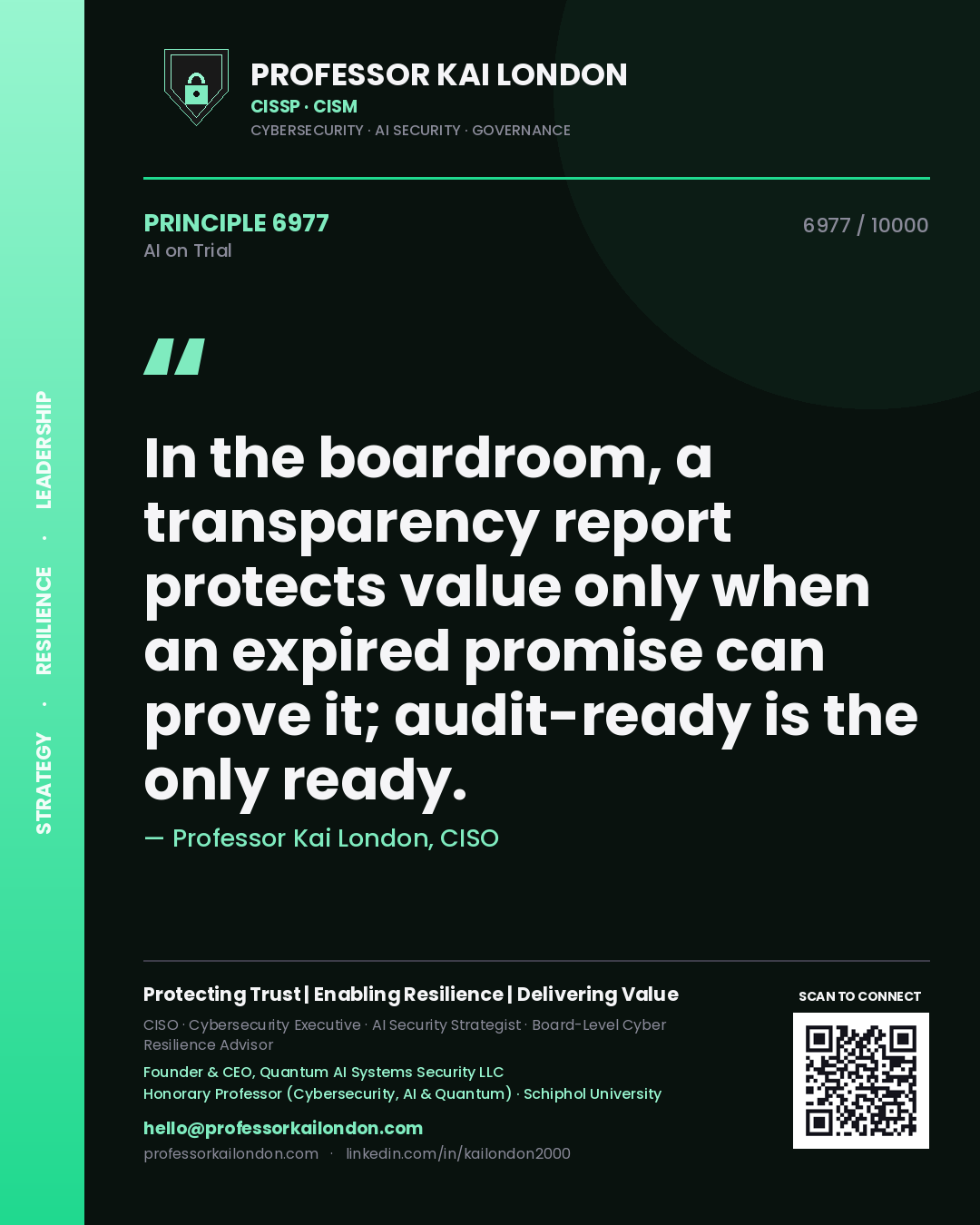 Quote card by Professor Kai London reading 'In the boardroom, a transparency report protects value only when an expired promise can prove it; audit-ready is the only ready.'. From the book AI on Trial.