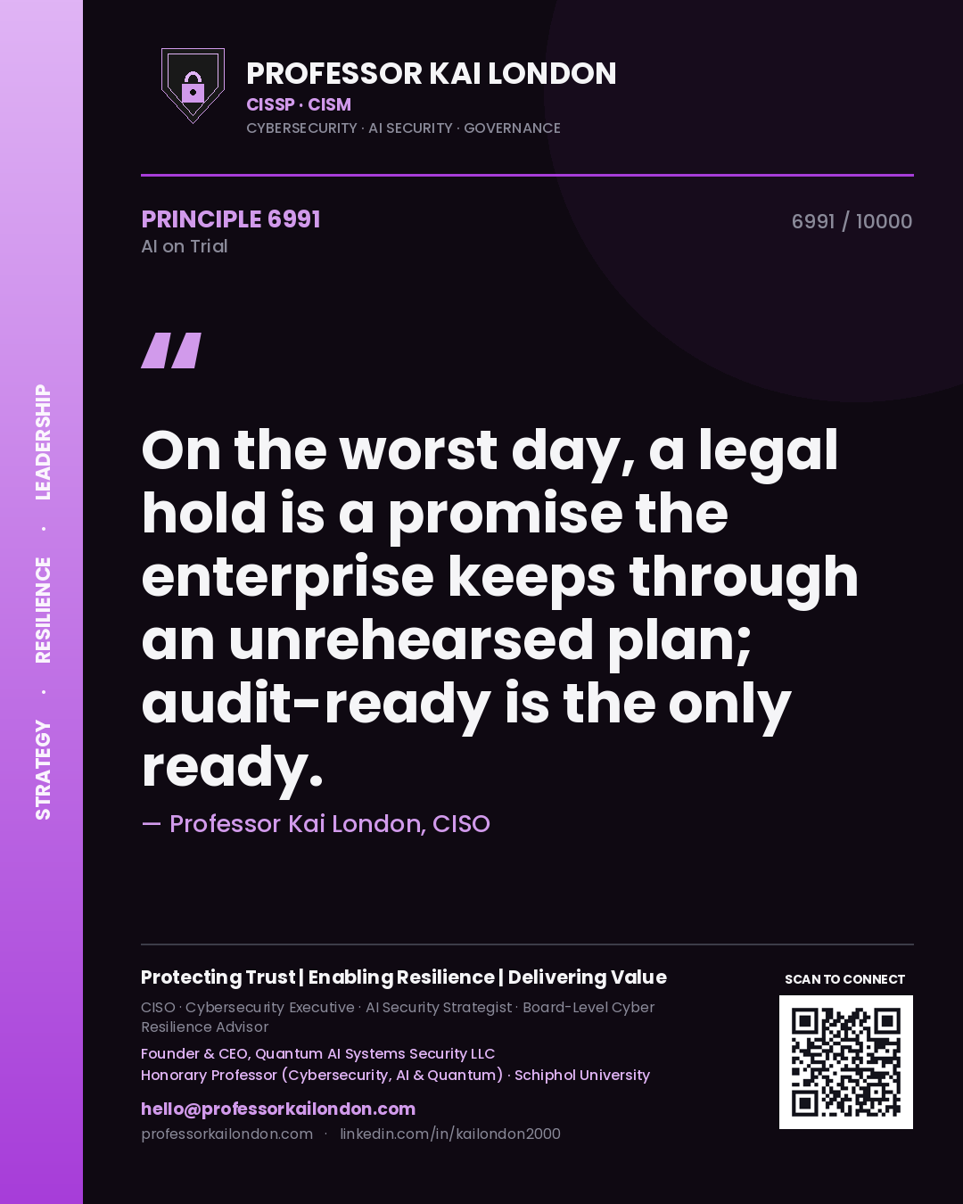 Professor Kai London principle 6991: On the worst day, a legal hold is a promise the enterprise keeps through an unrehearsed plan; audit-ready is the only ready.