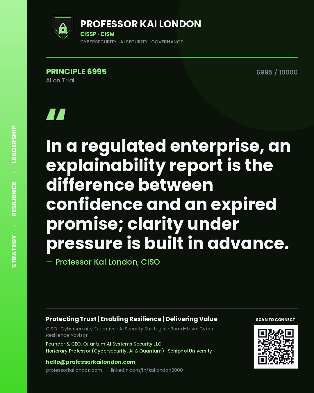 Professor Kai London principle 6995: In a regulated enterprise, an explainability report is the difference between confidence and an expired promise; clarity under pressure is built in advance.