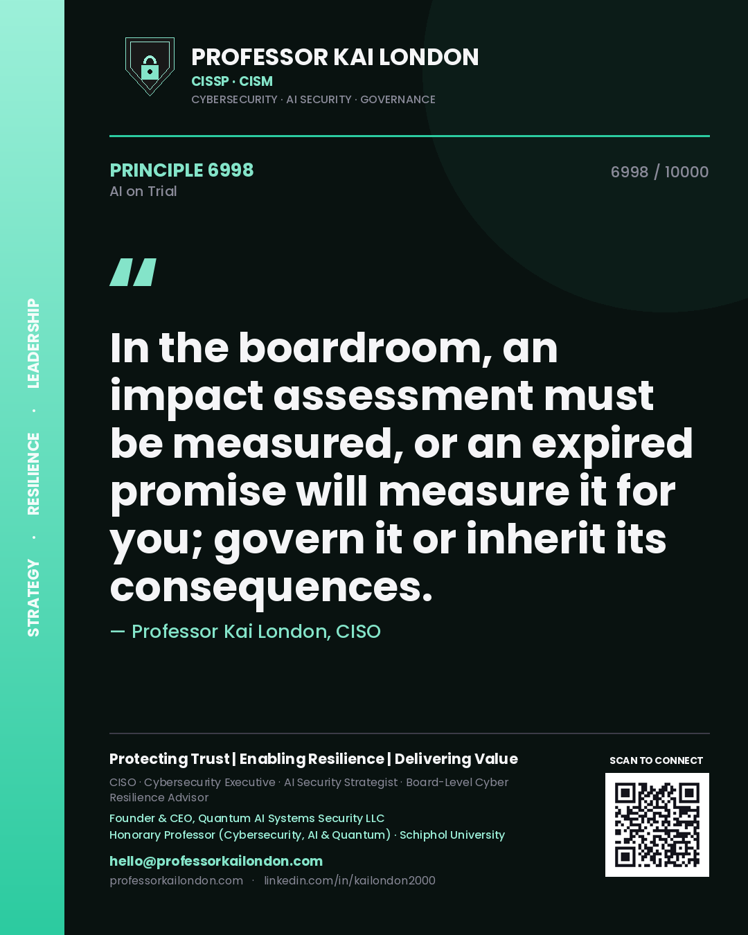 Quote card by Professor Kai London reading 'In the boardroom, an impact assessment must be measured, or an expired promise will measure it for you; govern it or inherit its consequences.'. From the book AI on Trial.