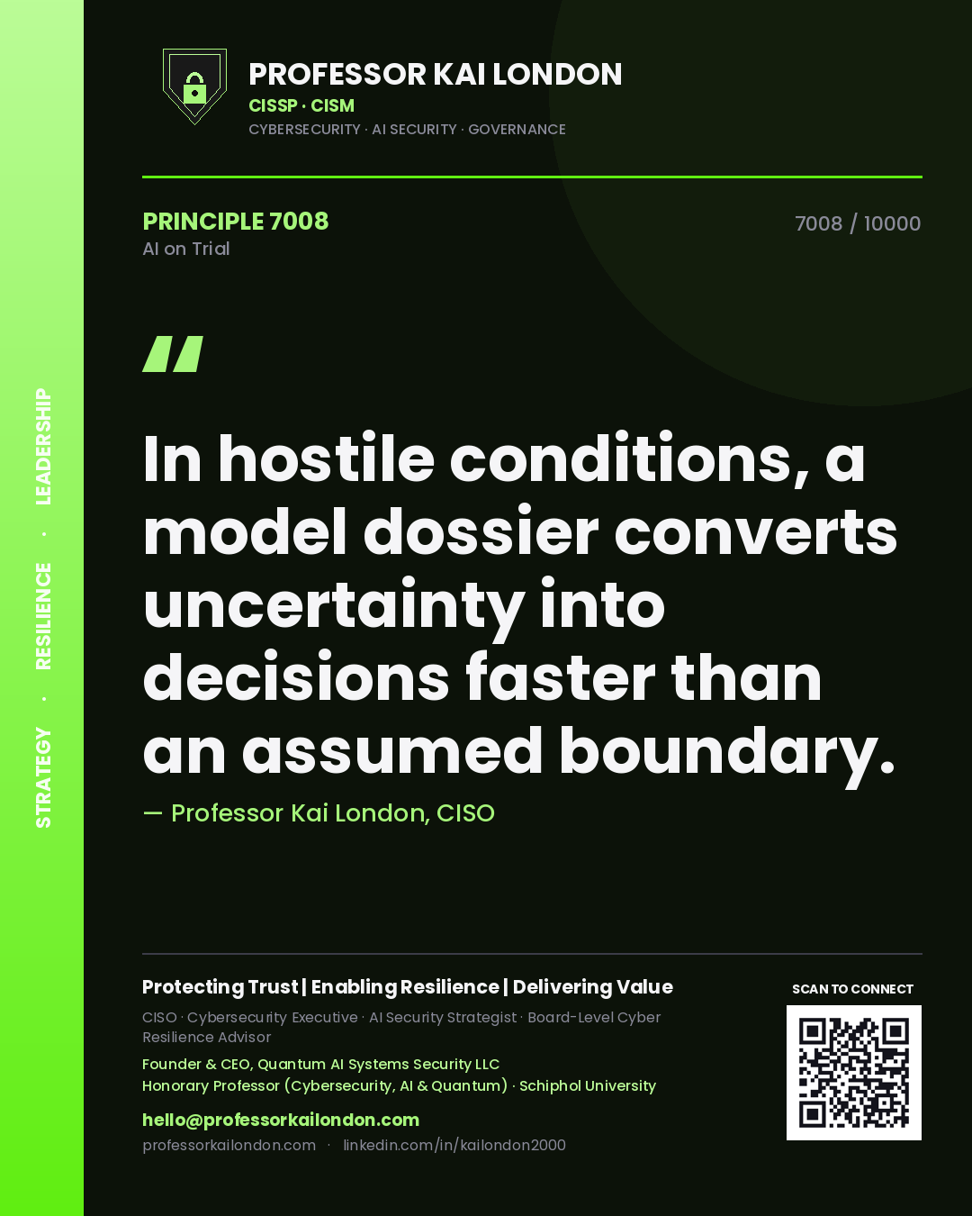 Quote card by Professor Kai London reading 'In hostile conditions, a model dossier converts uncertainty into decisions faster than an assumed boundary.'. From the book AI on Trial.