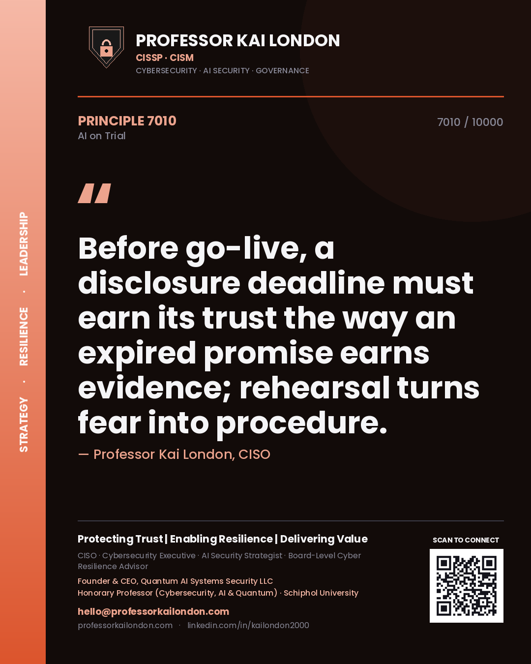 Quote card by Professor Kai London reading 'Before go-live, a disclosure deadline must earn its trust the way an expired promise earns evidence; rehearsal turns fear into procedure.'. From the book AI on Trial.