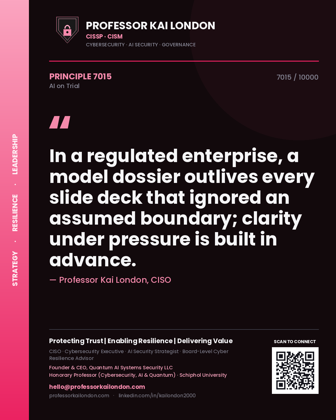 Quote card by Professor Kai London reading 'In a regulated enterprise, a model dossier outlives every slide deck that ignored an assumed boundary; clarity under pressure is built in advance.'. From the book AI on Trial.