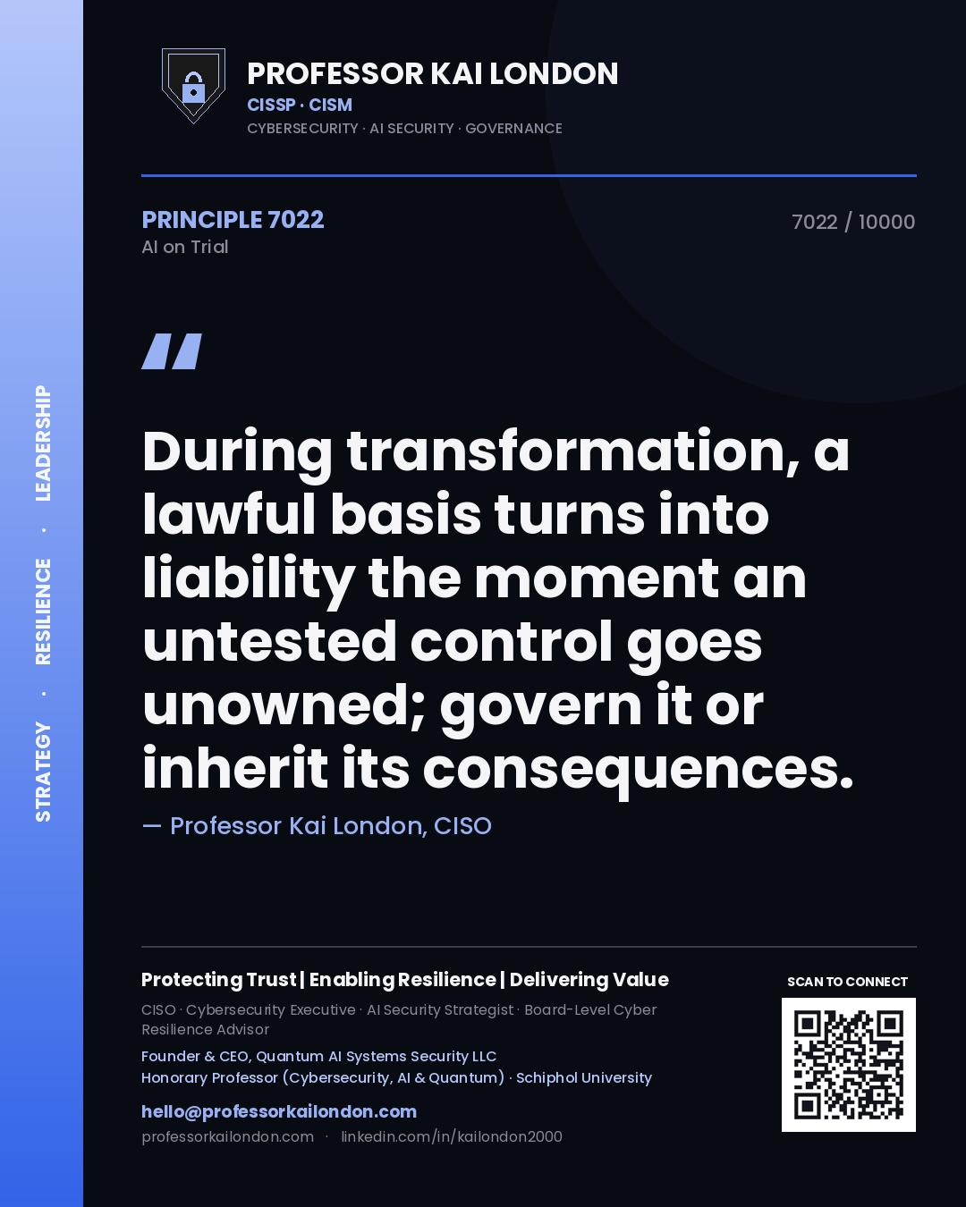 Quote card by Professor Kai London reading 'During transformation, a lawful basis turns into liability the moment an untested control goes unowned; govern it or inherit its consequences.'. From the book AI on Trial.