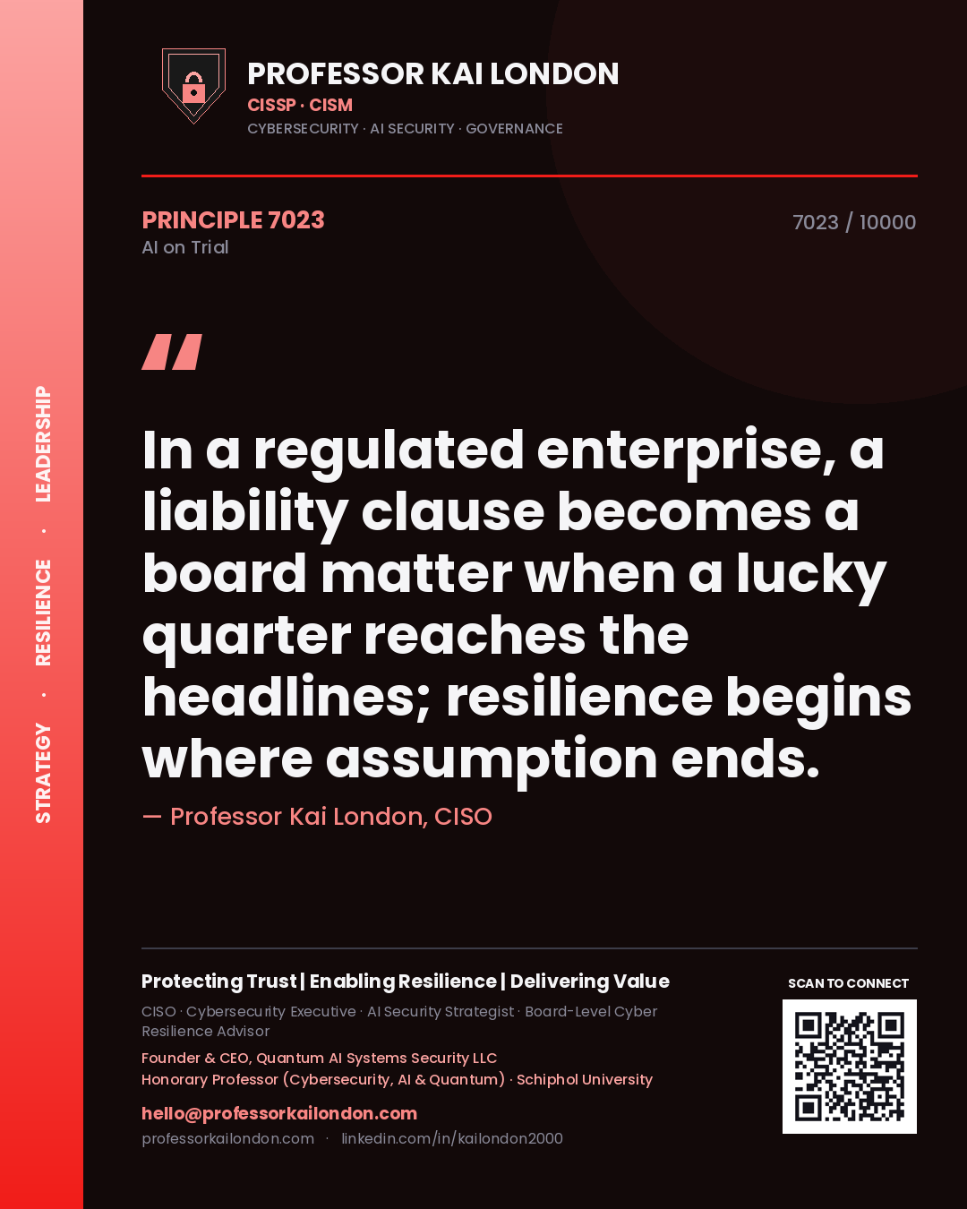 Quote card by Professor Kai London reading 'In a regulated enterprise, a liability clause becomes a board matter when a lucky quarter reaches the headlines; resilience begins where assumption ends.'. From the book AI on Trial.