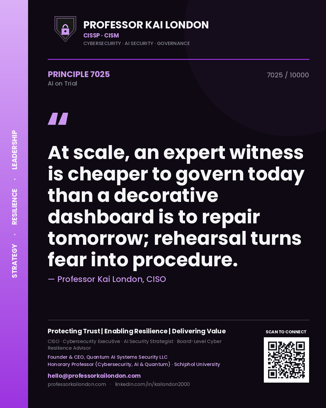Quote card by Professor Kai London reading 'At scale, an expert witness is cheaper to govern today than a decorative dashboard is to repair tomorrow; rehearsal turns fear into procedure.'. From the book AI on Trial.