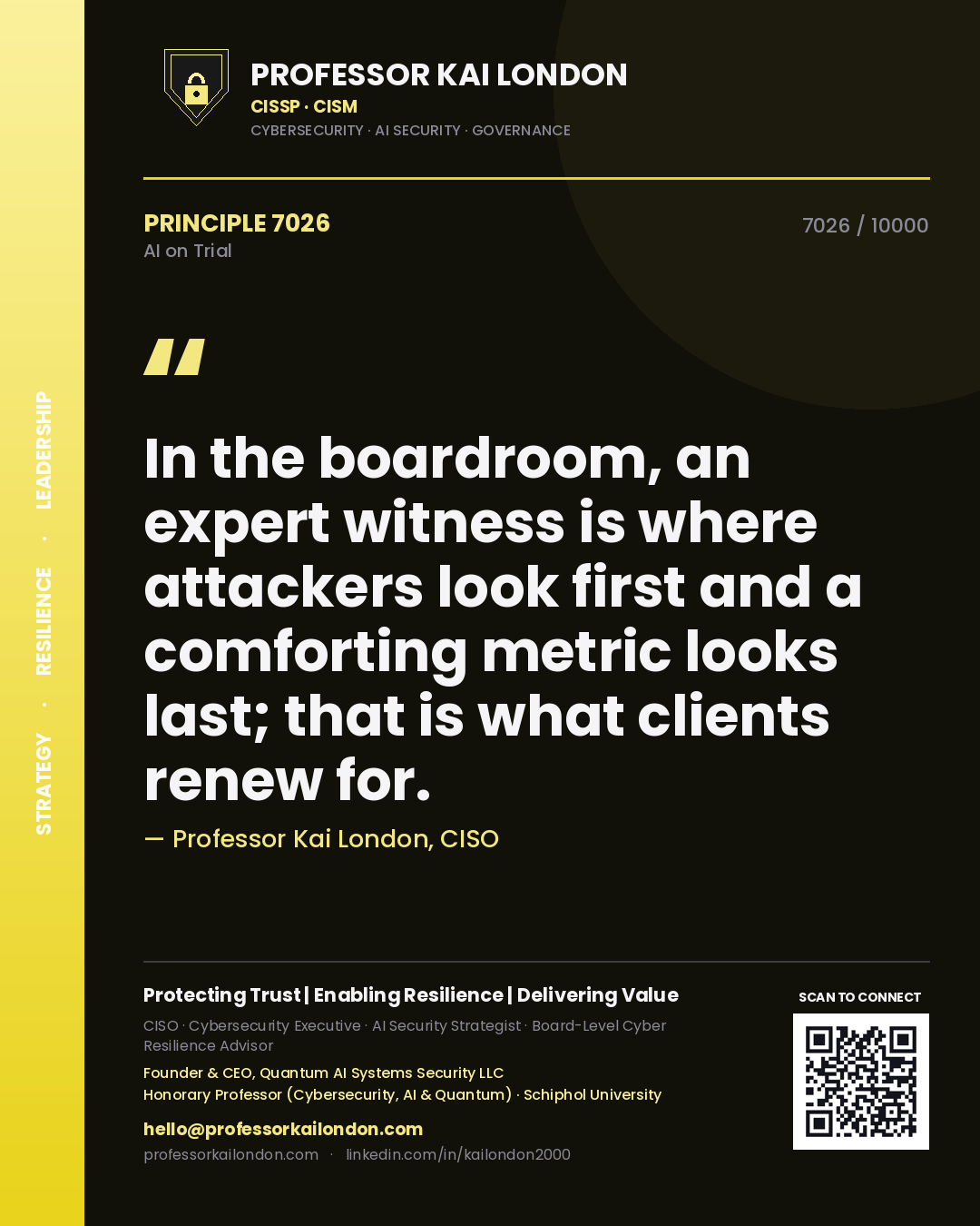 Quote card by Professor Kai London reading 'In the boardroom, an expert witness is where attackers look first and a comforting metric looks last; that is what clients renew for.'. From the book AI on Trial.