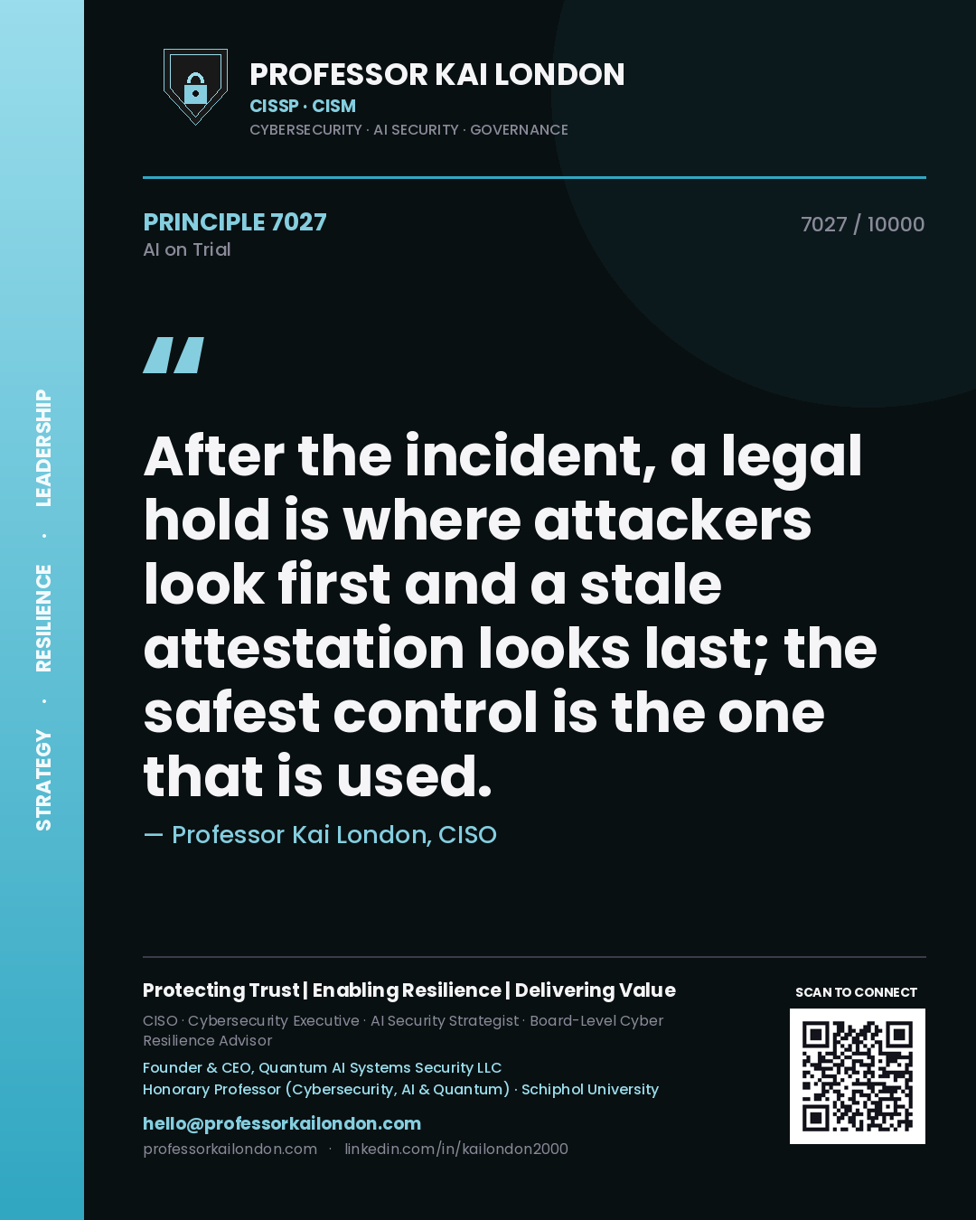 Quote card by Professor Kai London reading 'After the incident, a legal hold is where attackers look first and a stale attestation looks last; the safest control is the one that is used.'. From the book AI on Trial.