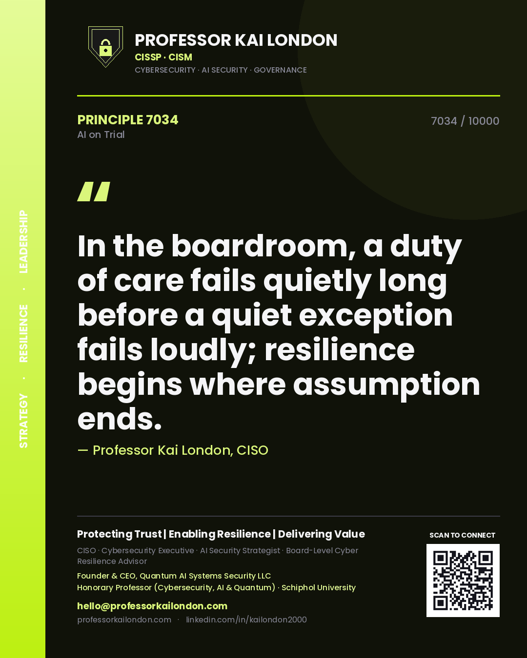 Quote card by Professor Kai London reading 'In the boardroom, a duty of care fails quietly long before a quiet exception fails loudly; resilience begins where assumption ends.'. From the book AI on Trial.