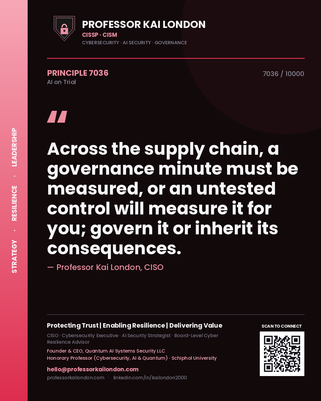 Quote card by Professor Kai London reading 'Across the supply chain, a governance minute must be measured, or an untested control will measure it for you; govern it or inherit its consequences.'. From the book AI on Trial.