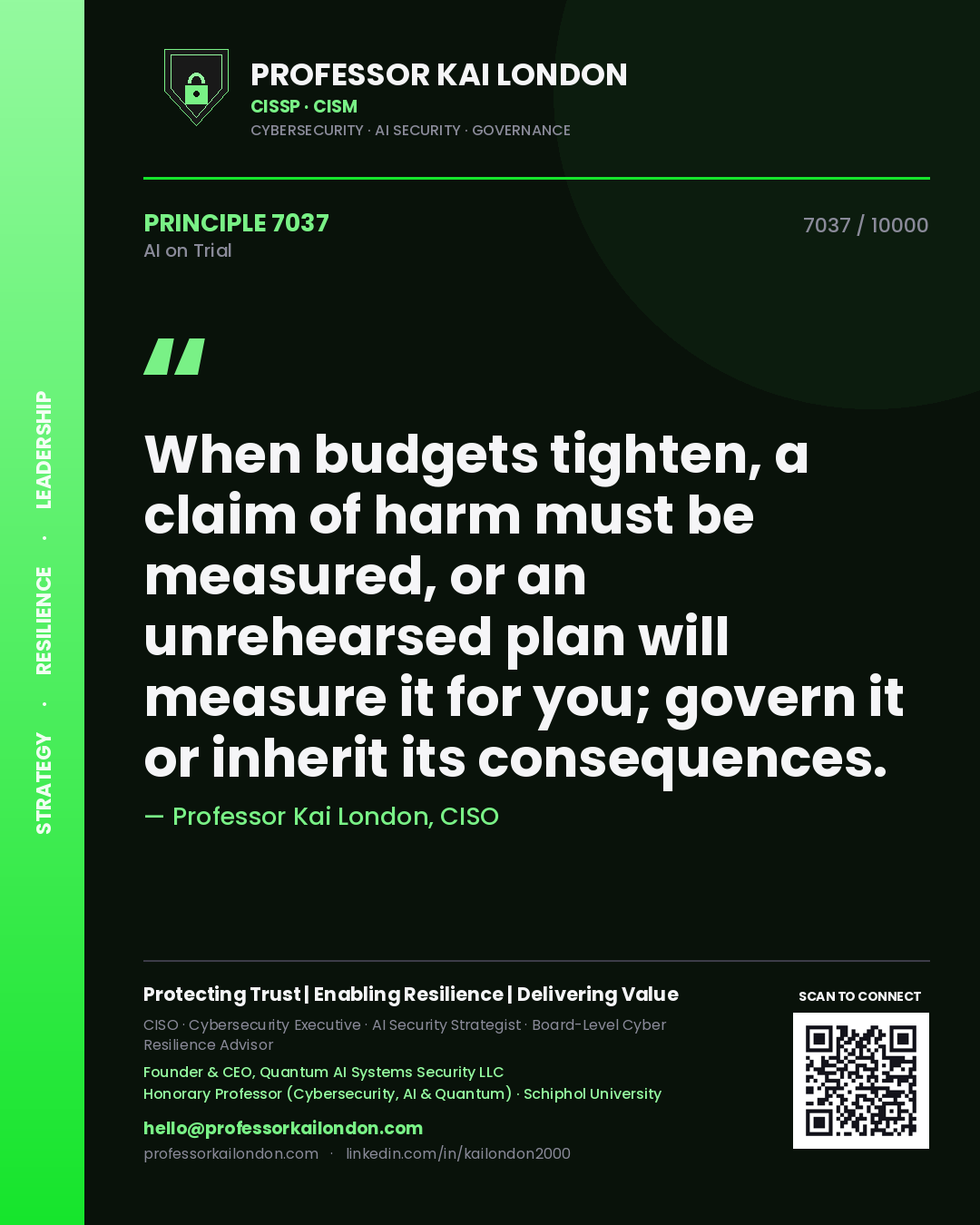 Professor Kai London principle 7037: When budgets tighten, a claim of harm must be measured, or an unrehearsed plan will measure it for you; govern it or inherit its consequences.
