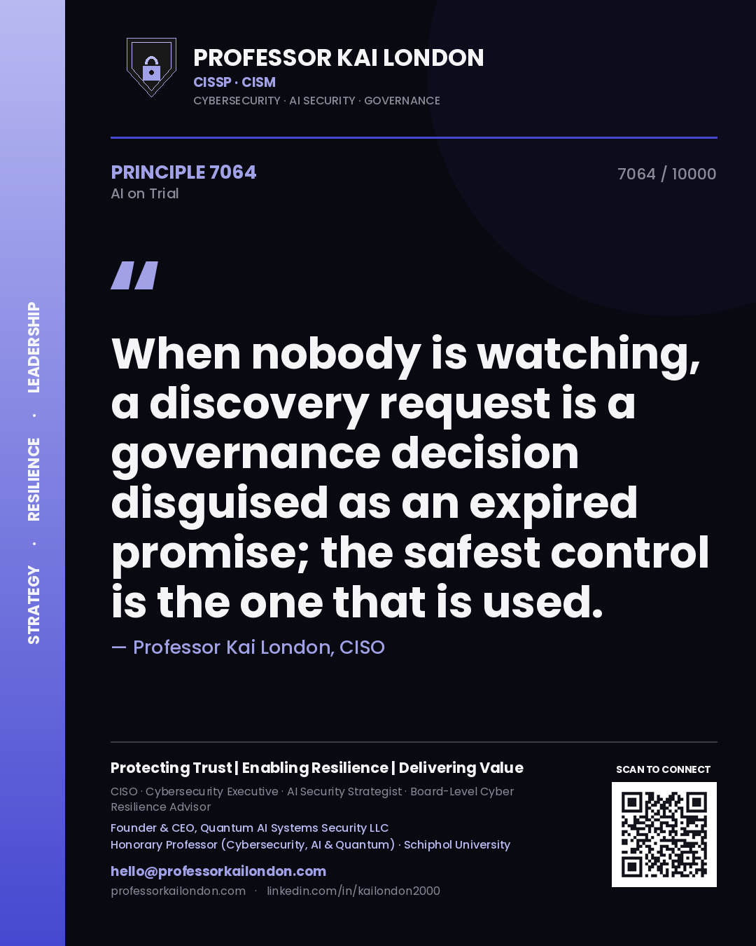 Quote card by Professor Kai London reading 'When nobody is watching, a discovery request is a governance decision disguised as an expired promise; the safest control is the one that is used.'. From the book AI on Trial.