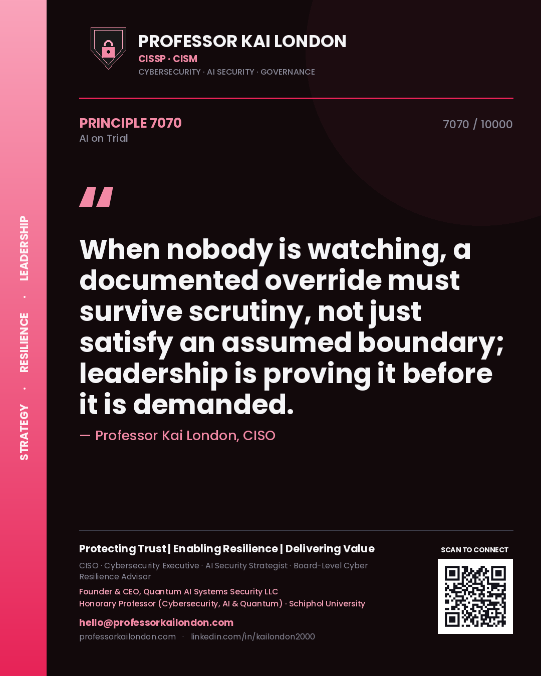 Quote card by Professor Kai London reading 'When nobody is watching, a documented override must survive scrutiny, not just satisfy an assumed boundary; leadership is proving it before it is demanded.'. From the book AI on Trial.