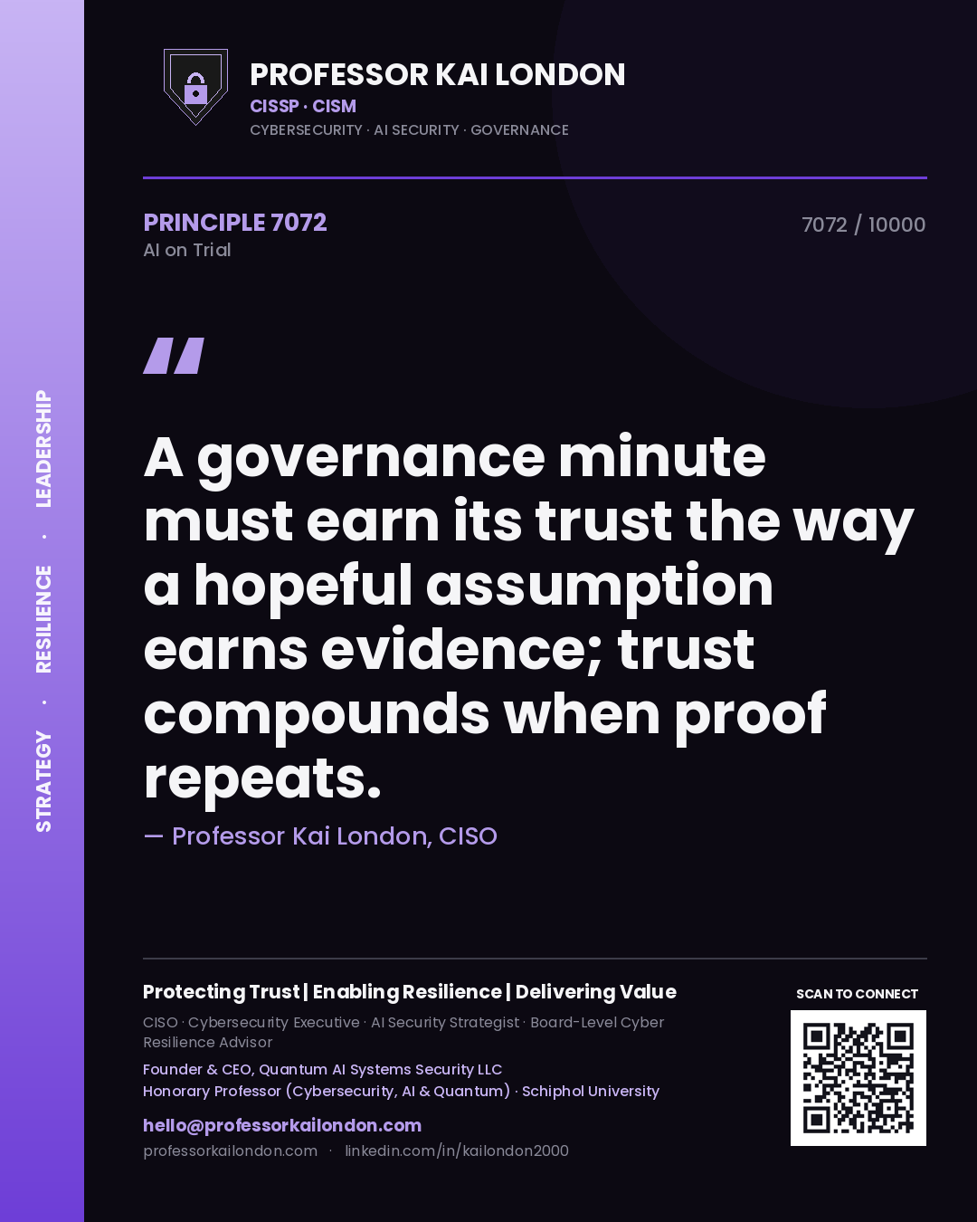 Quote card by Professor Kai London reading 'A governance minute must earn its trust the way a hopeful assumption earns evidence; trust compounds when proof repeats.'. From the book AI on Trial.