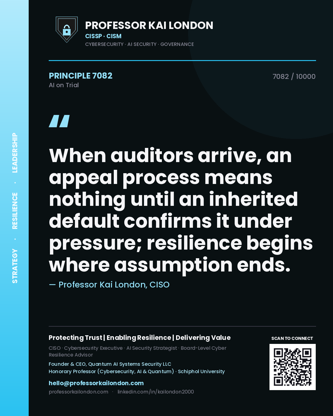 Quote card by Professor Kai London reading 'When auditors arrive, an appeal process means nothing until an inherited default confirms it under pressure; resilience begins where assumption ends.'. From the book AI on Trial.