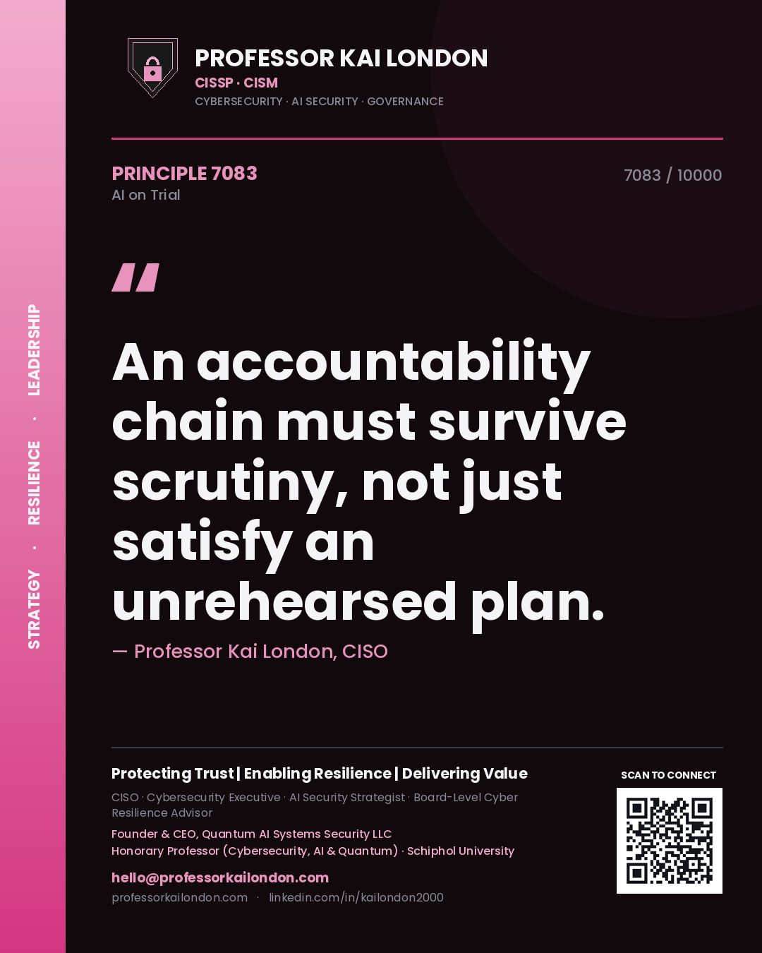 Quote card by Professor Kai London reading 'An accountability chain must survive scrutiny, not just satisfy an unrehearsed plan.'. From the book AI on Trial.