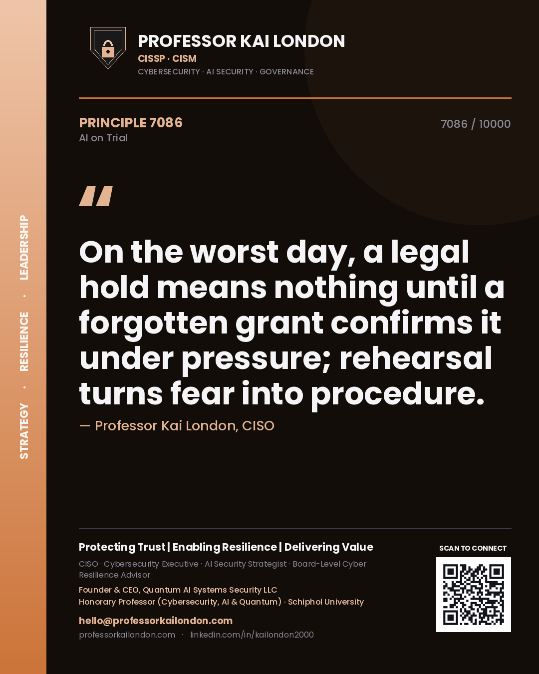Quote card by Professor Kai London reading 'On the worst day, a legal hold means nothing until a forgotten grant confirms it under pressure; rehearsal turns fear into procedure.'. From the book AI on Trial.